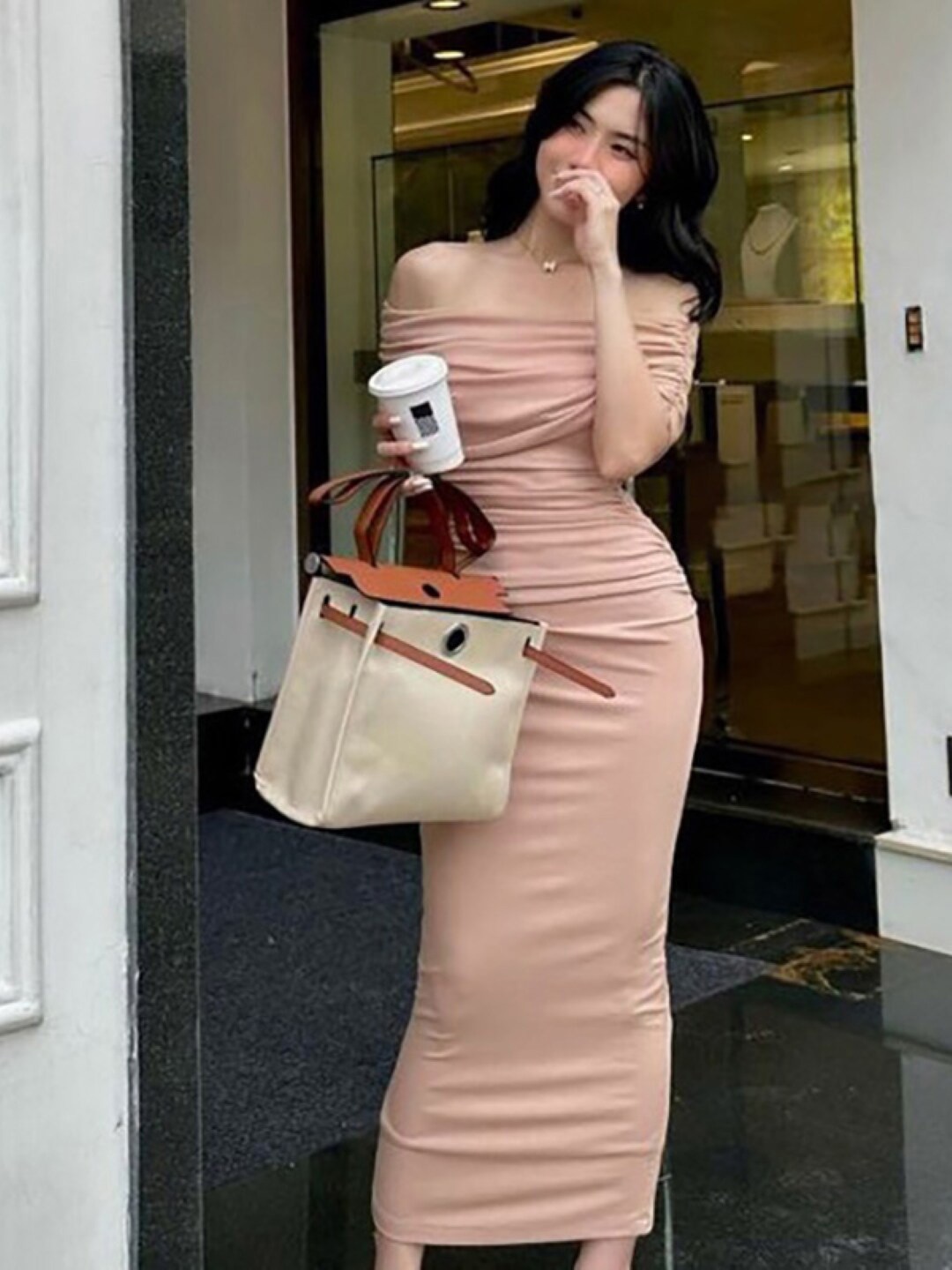 

StyleCast Pink Off-Shoulder Gathered Detail Bodycon Maxi Dress