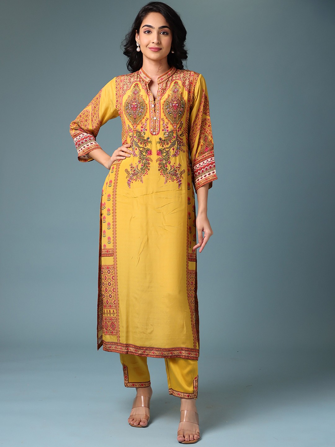 

ZARI Ethnic Motifs Printed Beads And Stones Kurta With Trousers, Gold