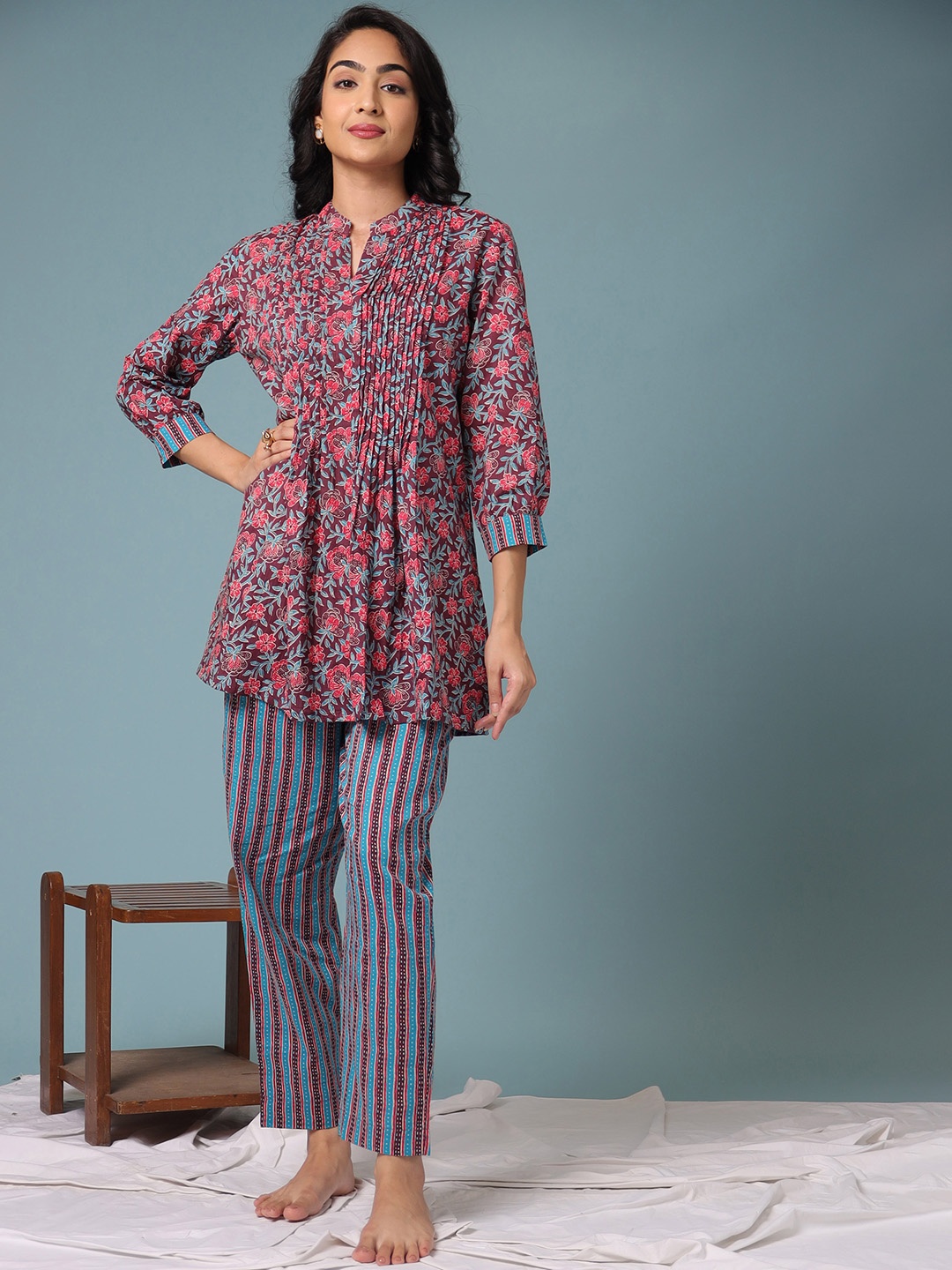 

ZARI Maroon & Blue Tunic with Pyjamas Co-ords