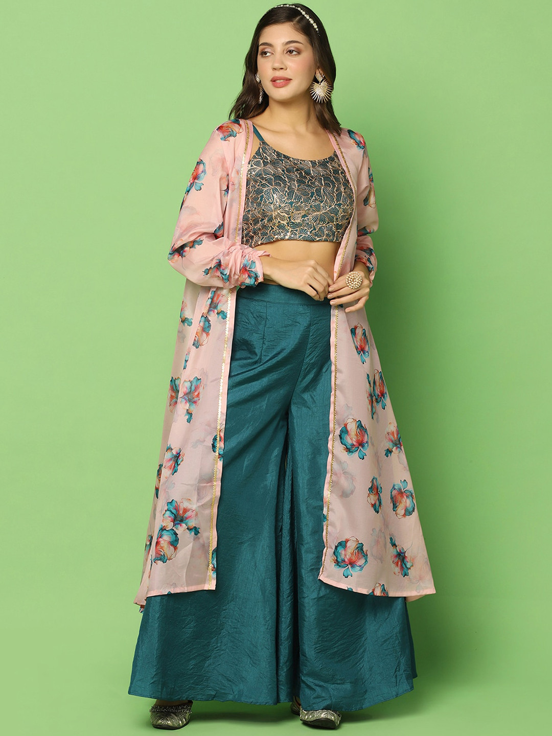 

FASHION DREAM Embroidered Crop Top With Palazzos & Shrug, Green