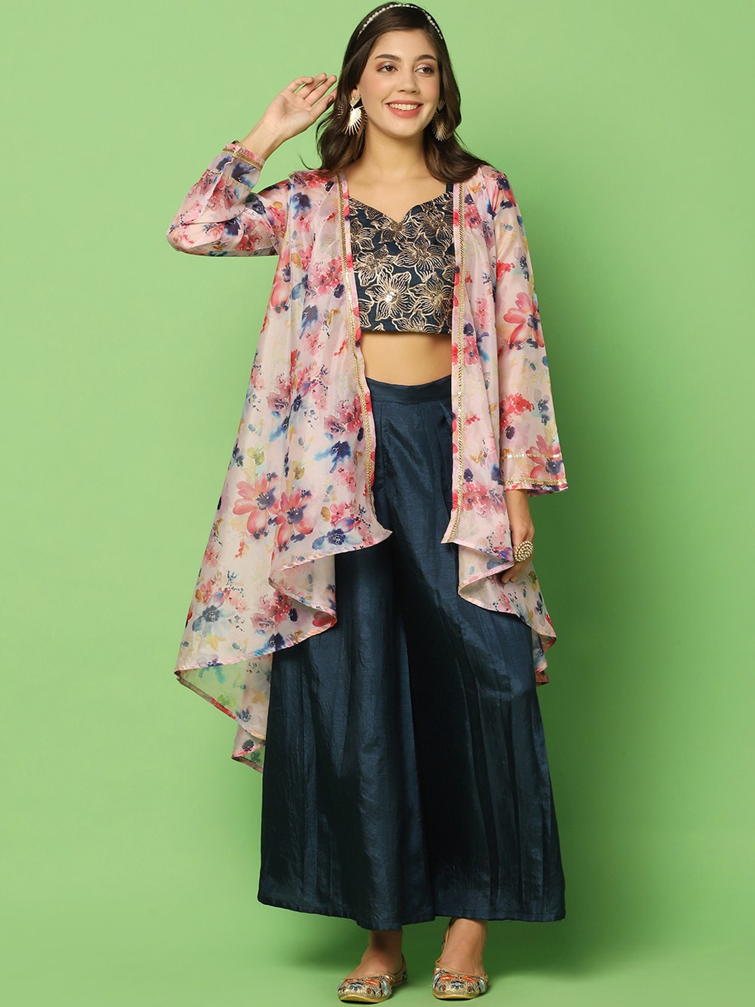 

FASHION DREAM Embroidered Crop Top With Palazzos & Printed Shrug, Navy blue