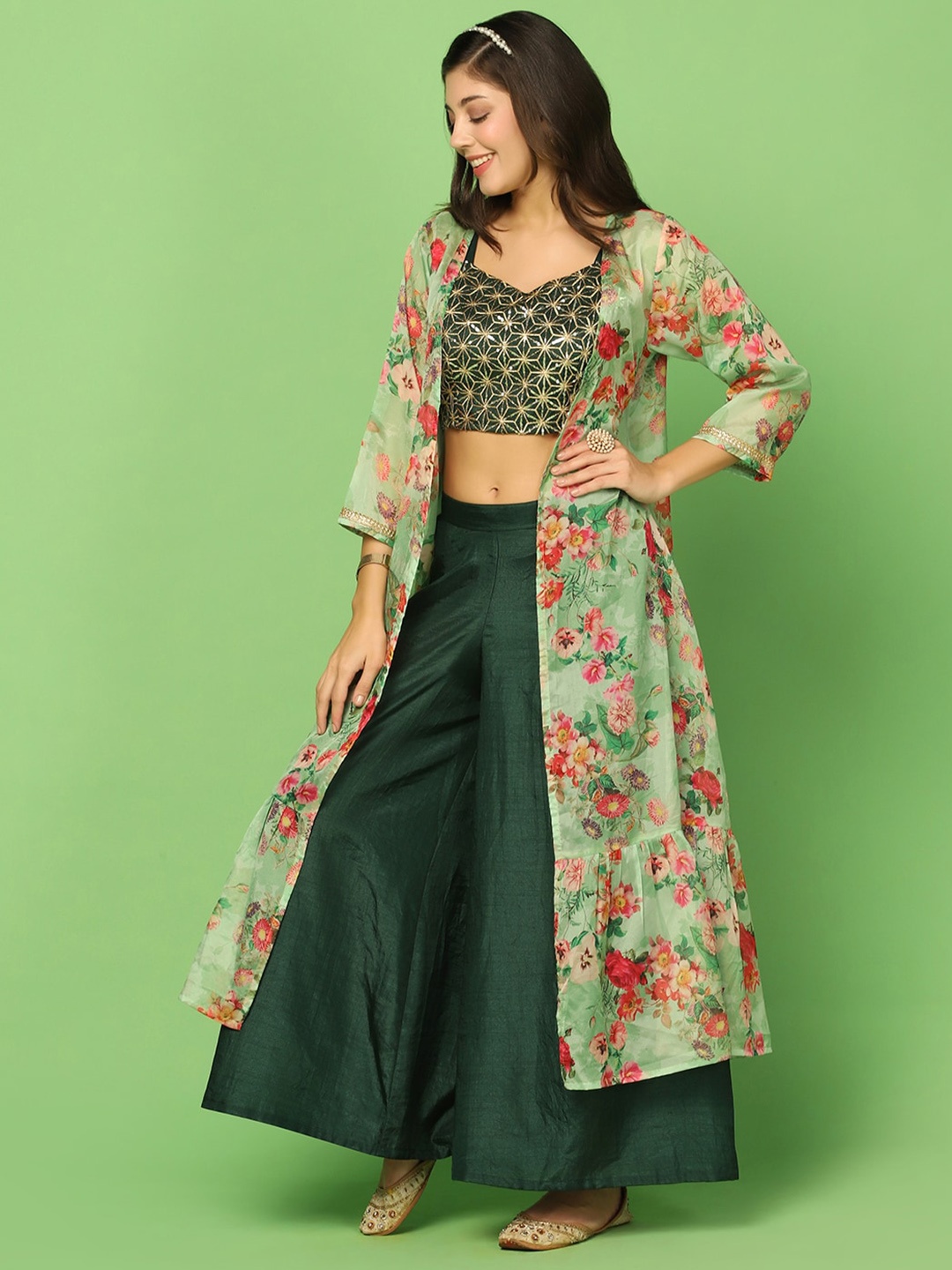 

FASHION DREAM Embroidered Crop Top With Palazzo And Floral Shrug, Green