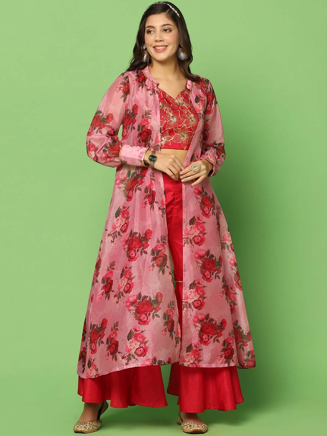 

FASHION DREAM Embroidered Crop Top With Palazzo And Floral Shrug, Red