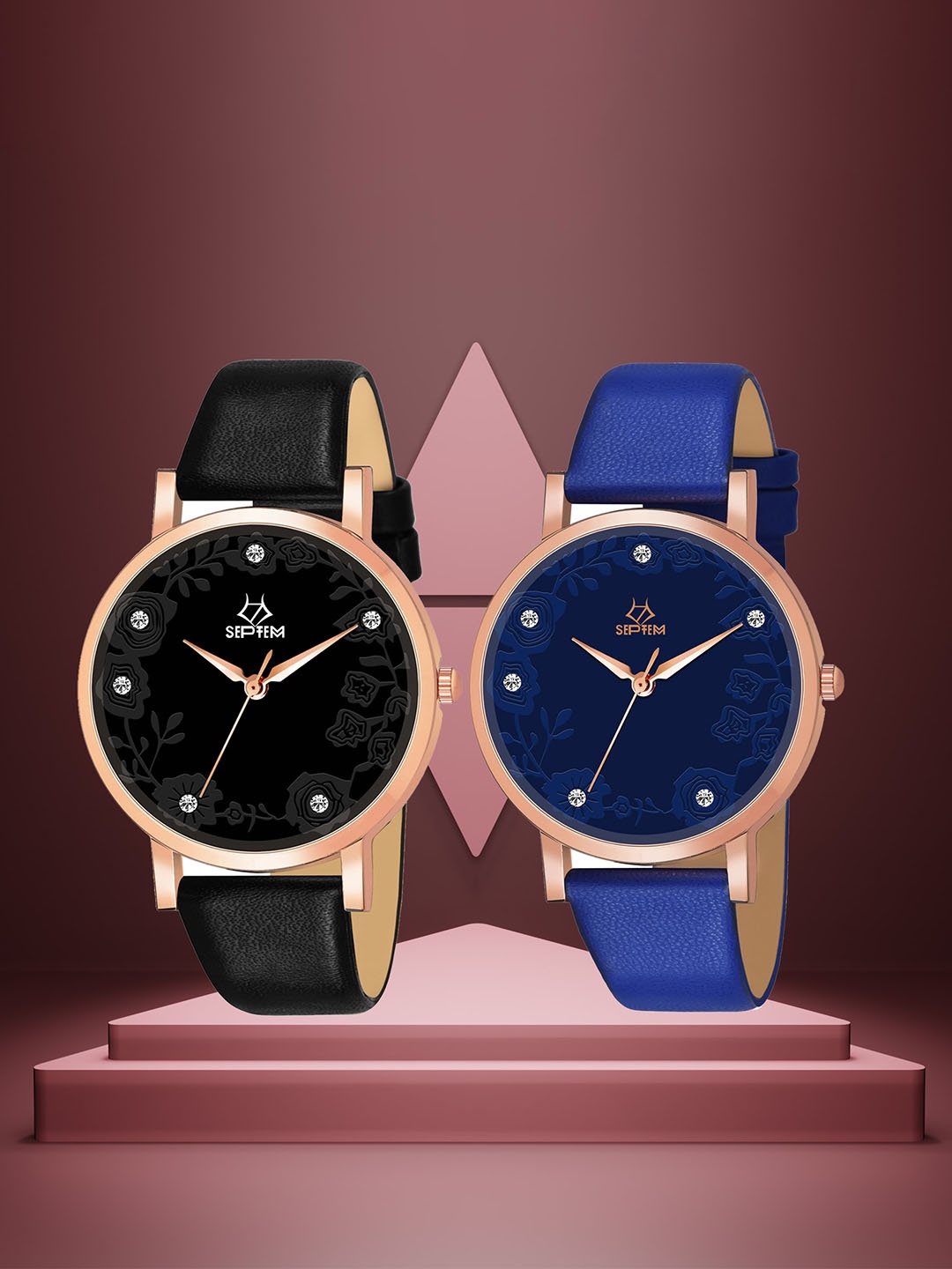 

Septem Women Set of 2 Leather Straps Analogue Watch SP-146.Black-Blue-Septem