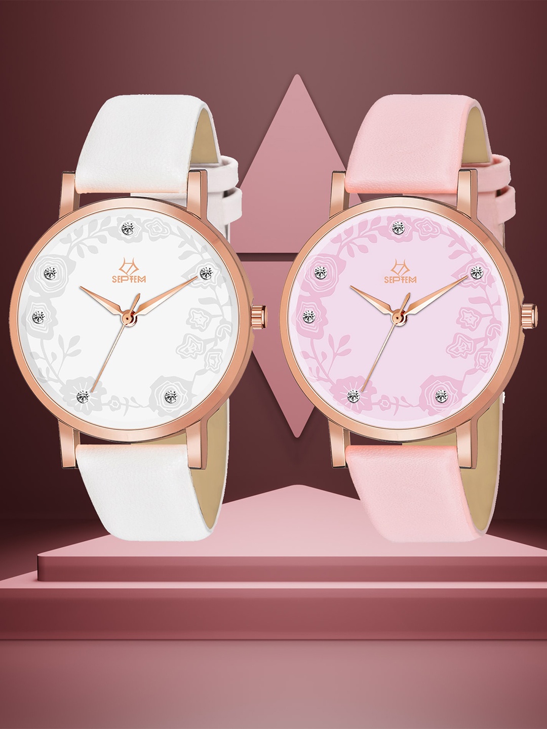 

Septem Pack Of 2 Women Leather Straps Analogue Watch SP-146.White-Pink-Septem