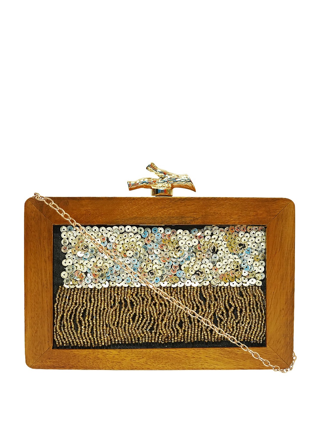 

HORRA Embellished Wooden Box Clutch With Shoulder Strap, Gold