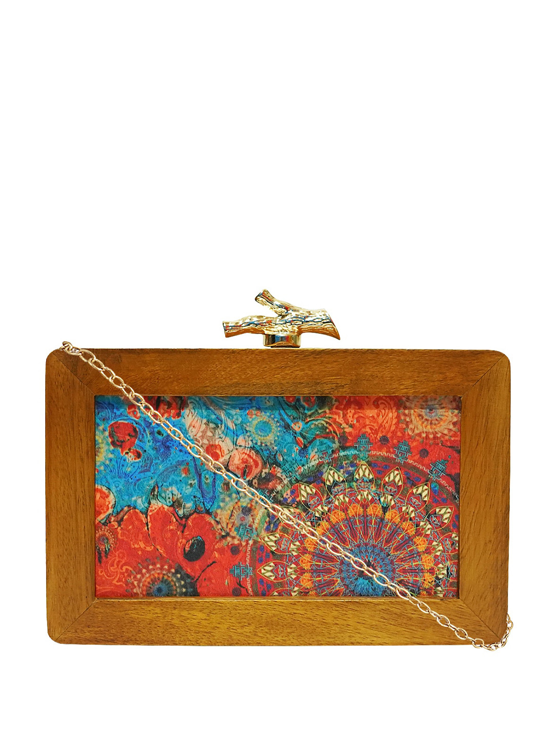 

HORRA Printed Wooden Box Clutch With Shoulder Strap, Blue