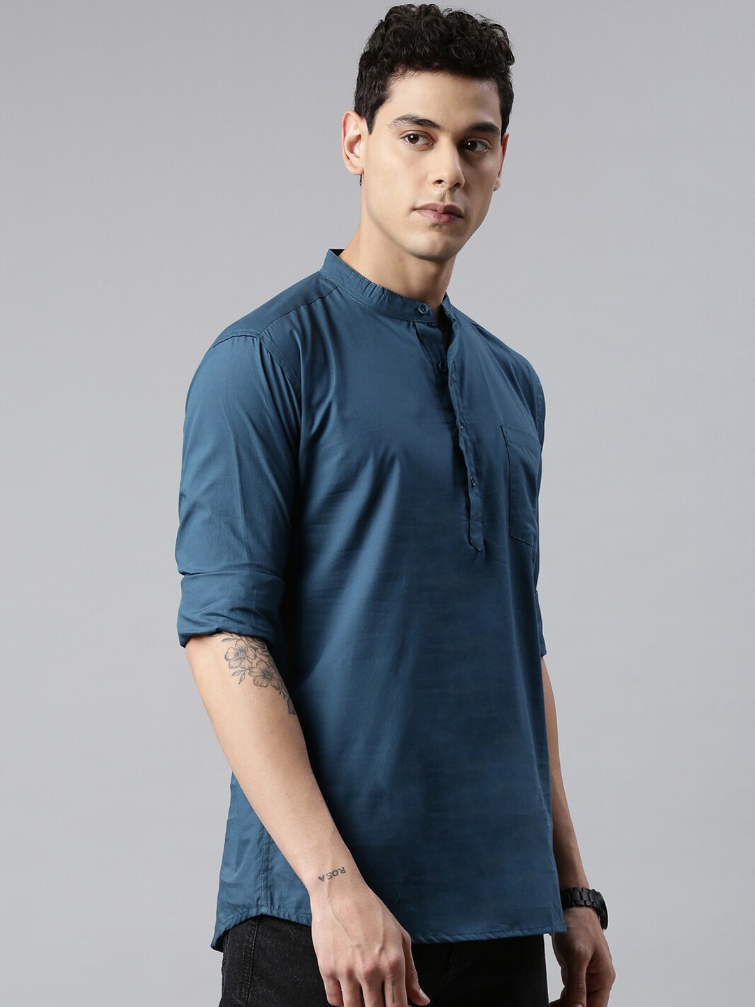 

THE SOUL PATROL Band Collar Straight Pure Cotton Short Kurta, Teal