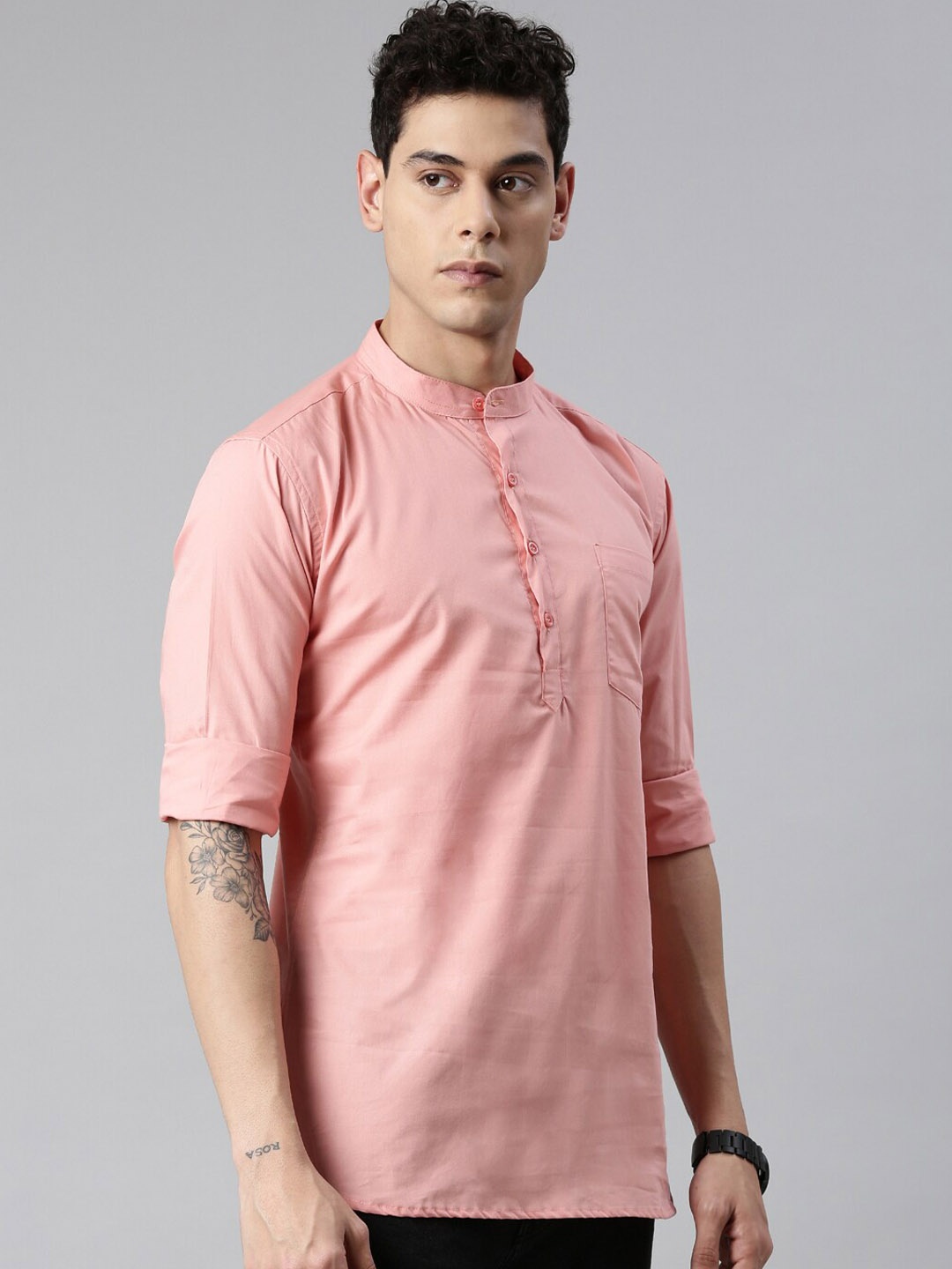 

THE SOUL PATROL Mandarin Collar Pure Cotton Straight Short Kurta, Pink