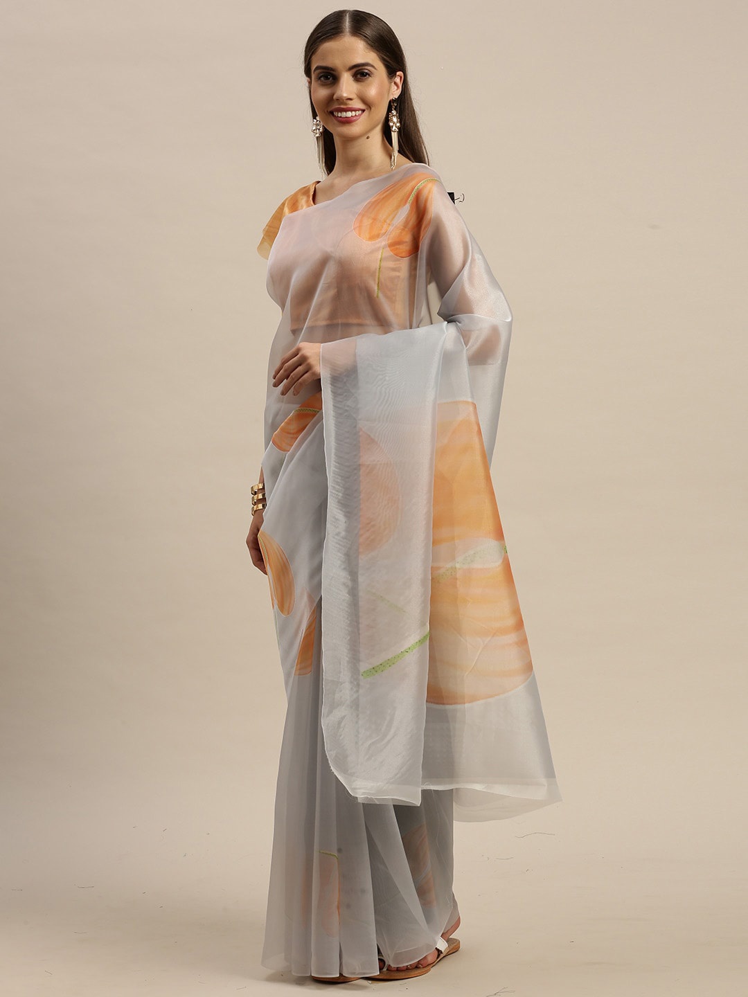 

KALINI Floral Printed Organza Saree, Grey