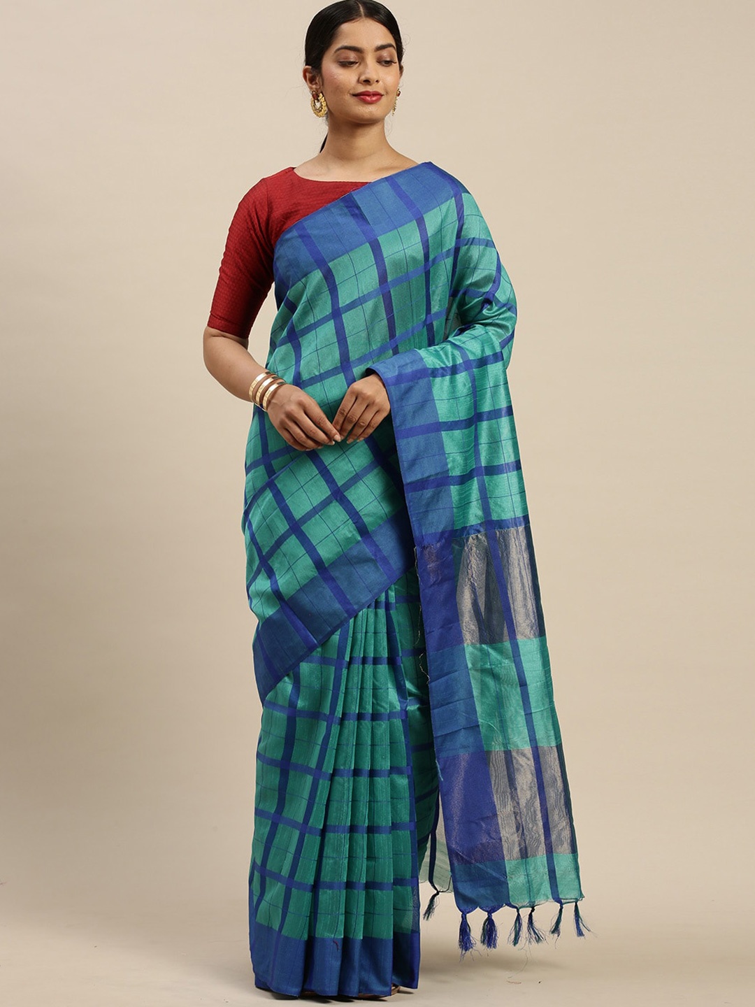 

KALINI Checked Pure Cotton Saree, Green