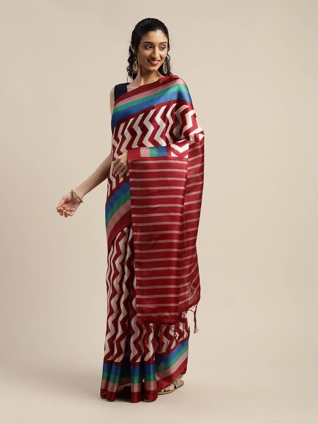 

KALINI Geometric Printed Silk Cotton Saree, Maroon