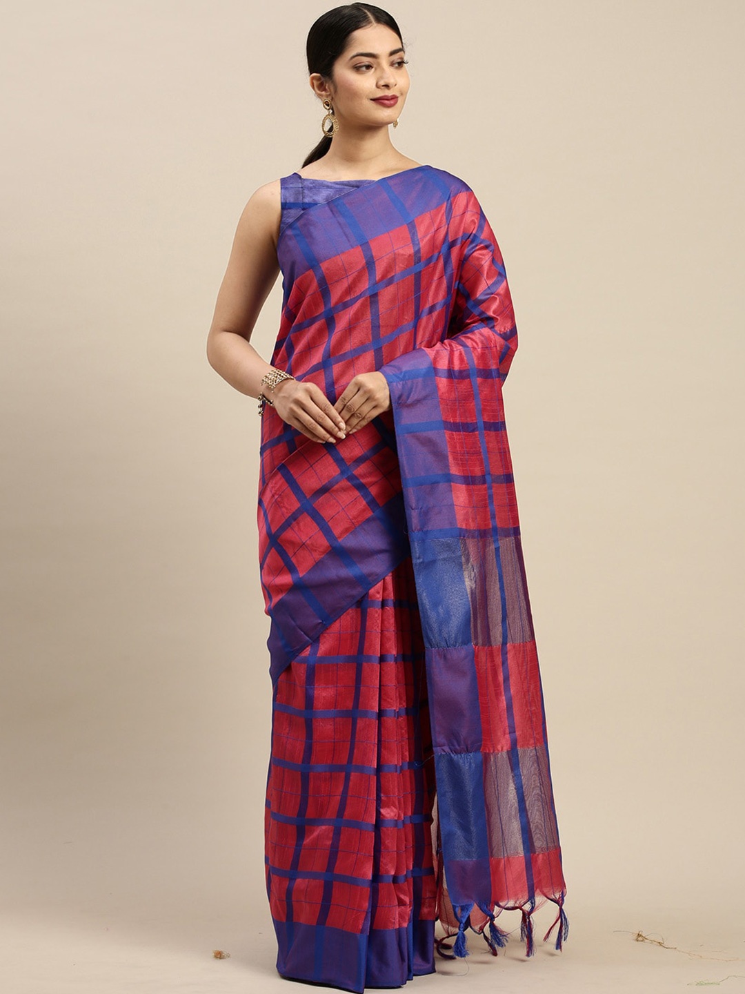 

KALINI Checked Pure Cotton Saree, Magenta