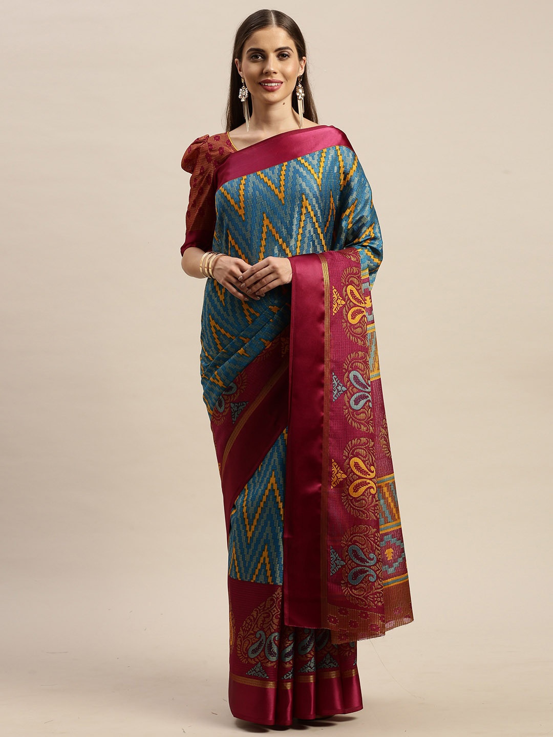 

KALINI Geometric Printed Cotton Blend Saree, Blue