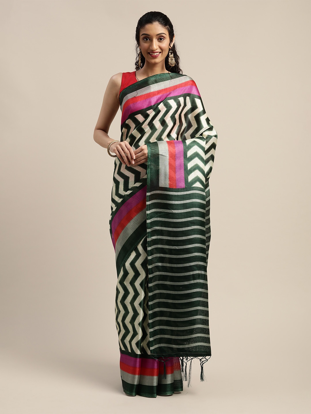 

KALINI Geometric Printed Silk Cotton Saree, Green