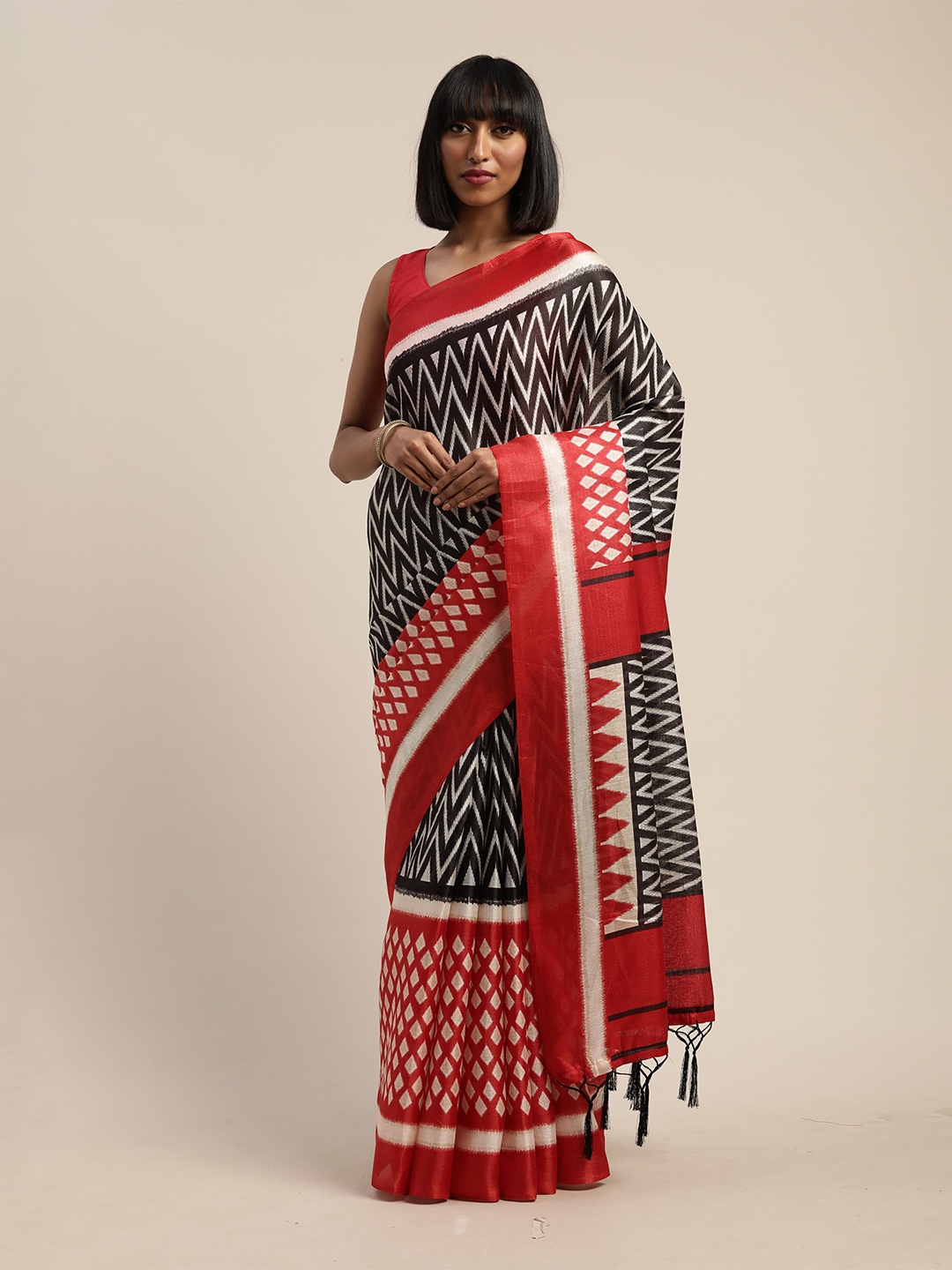 

KALINI Geometric Printed Poly Silk Saree, Red