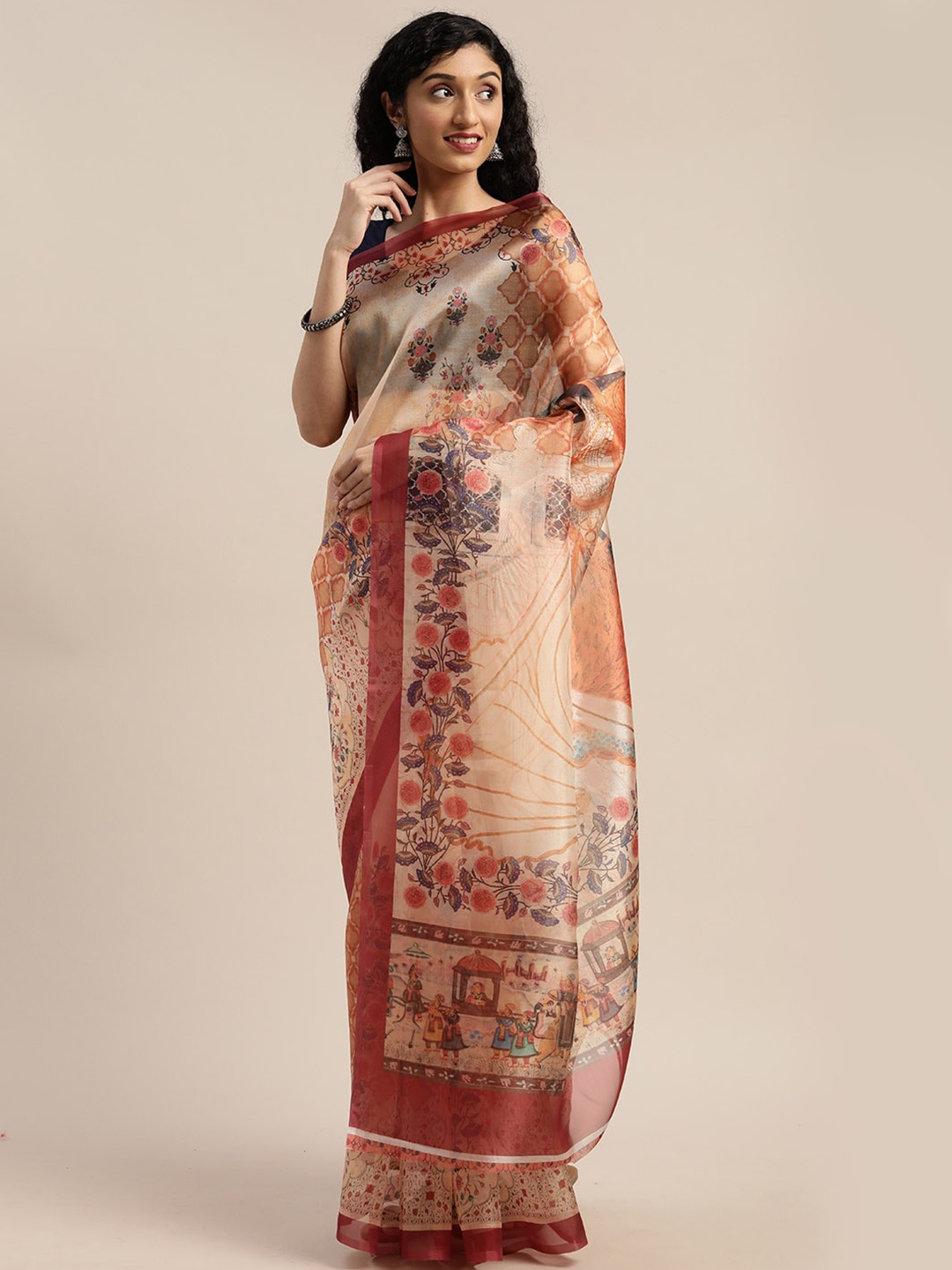 

KALINI Ethnic Motifs Printed Organza Saree, Orange