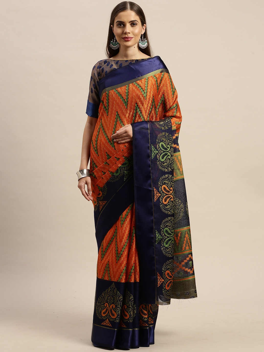 

KALINI Geometric Printed Saree, Orange