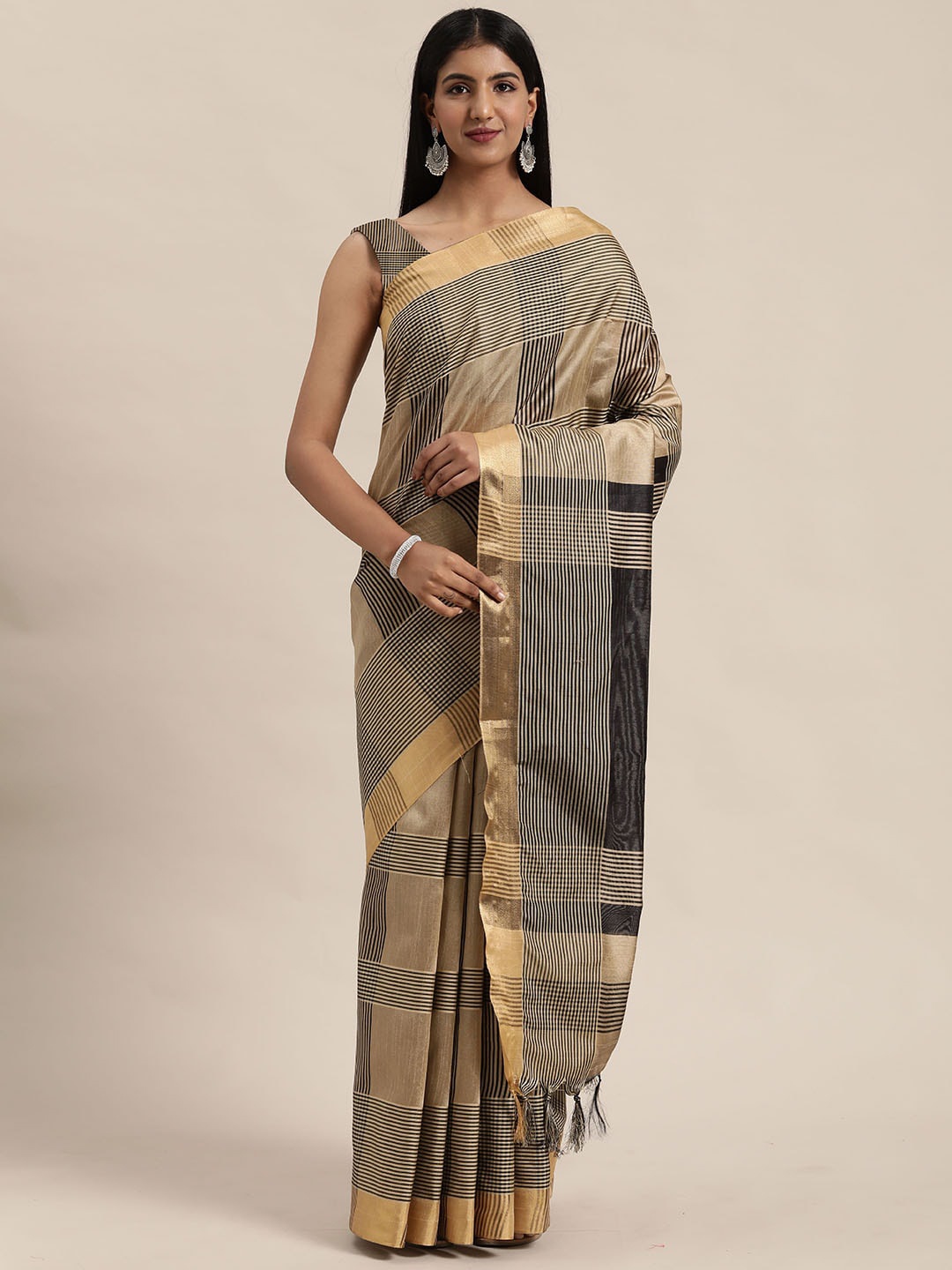 

KALINI Striped Pure Cotton Saree, Black
