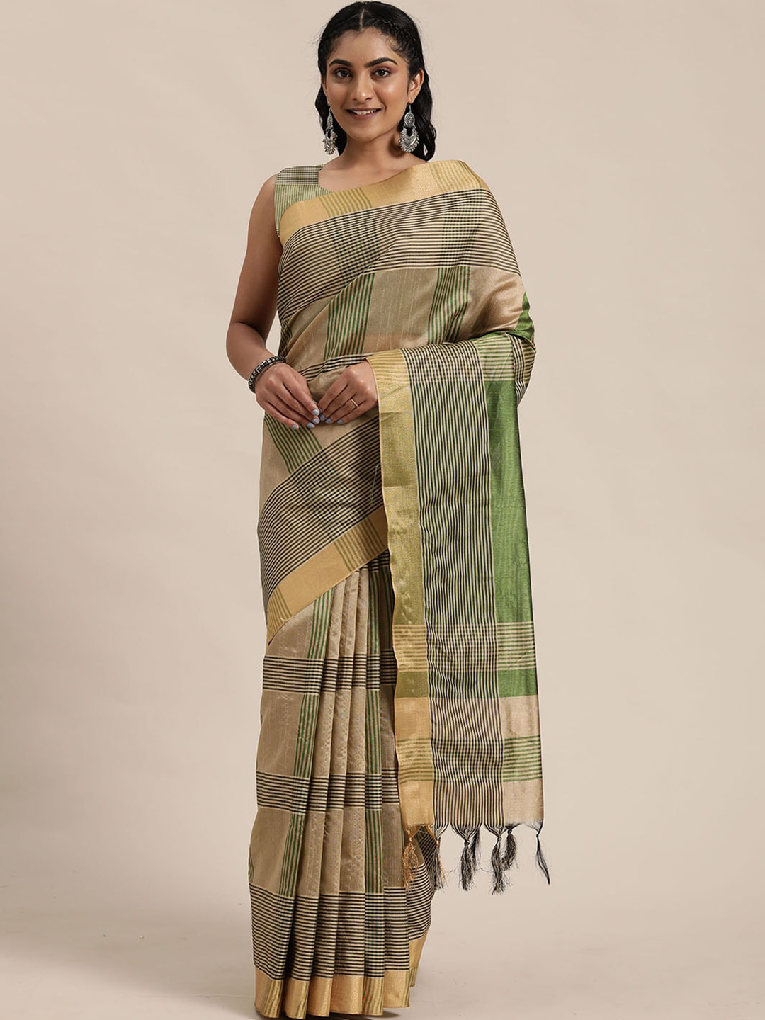 

KALINI Striped Printed Zari Pure Cotton Saree, Green