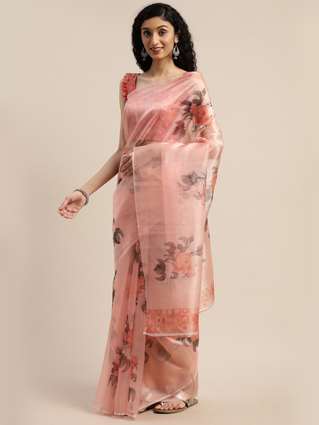 

KALINI Floral Printed Organza Saree, Peach