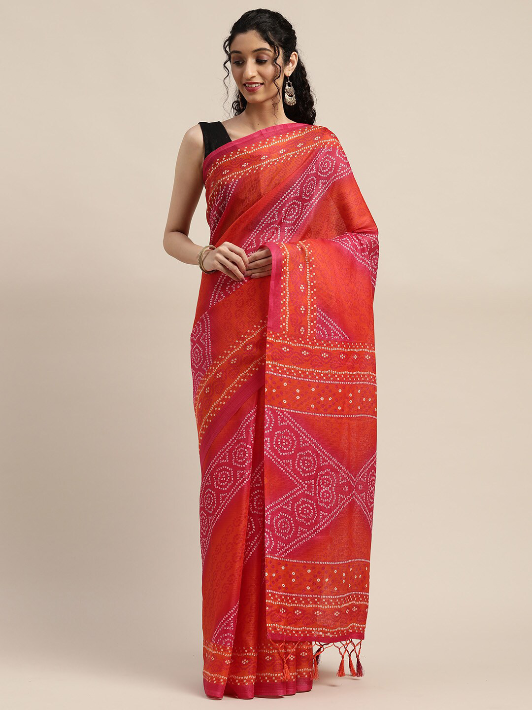 

KALINI Bandhani Printed Silk Cotton Saree, Pink