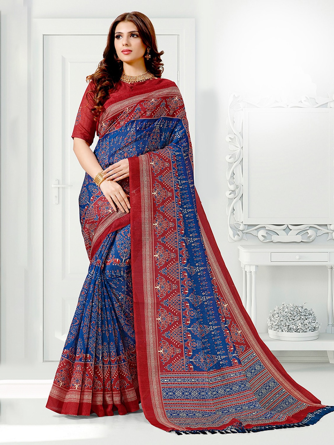 

KALINI Ethnic Motifs Printed Cotton Silk Saree, Blue