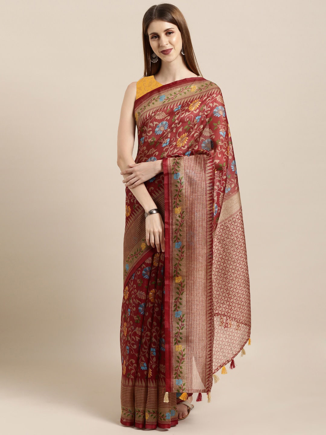 

KALINI Floral Woven Design Tussar Saree, Maroon