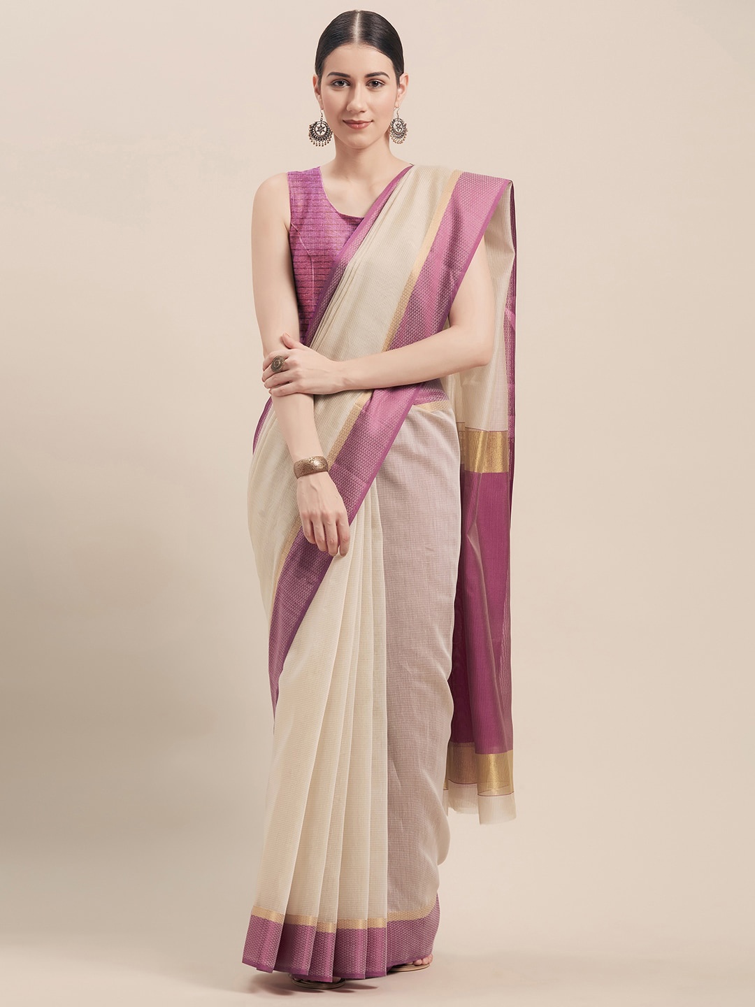 

KALINI Zari Pure Cotton Saree, Beige