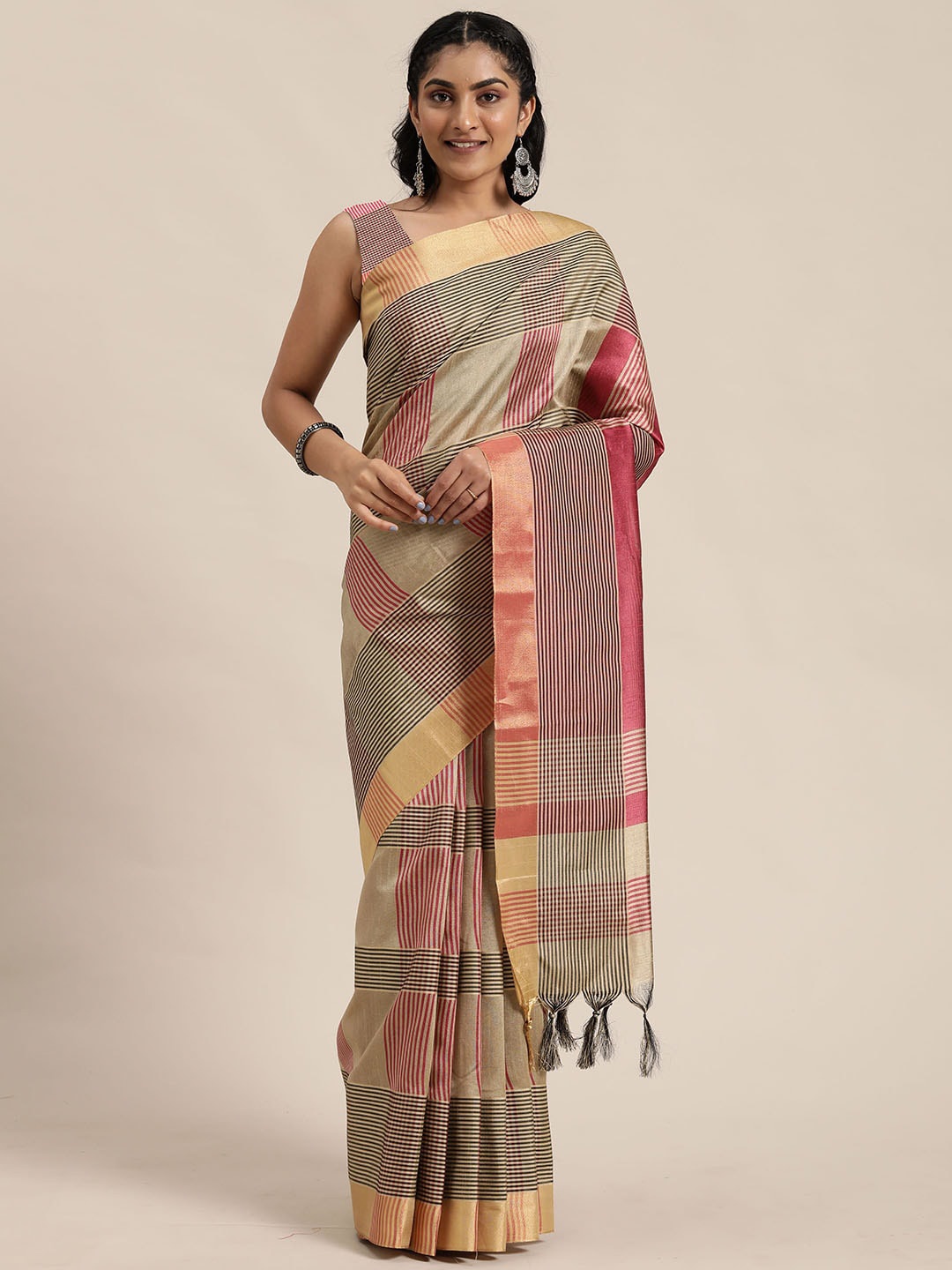 

KALINI Checked Pure Cotton Saree, Pink
