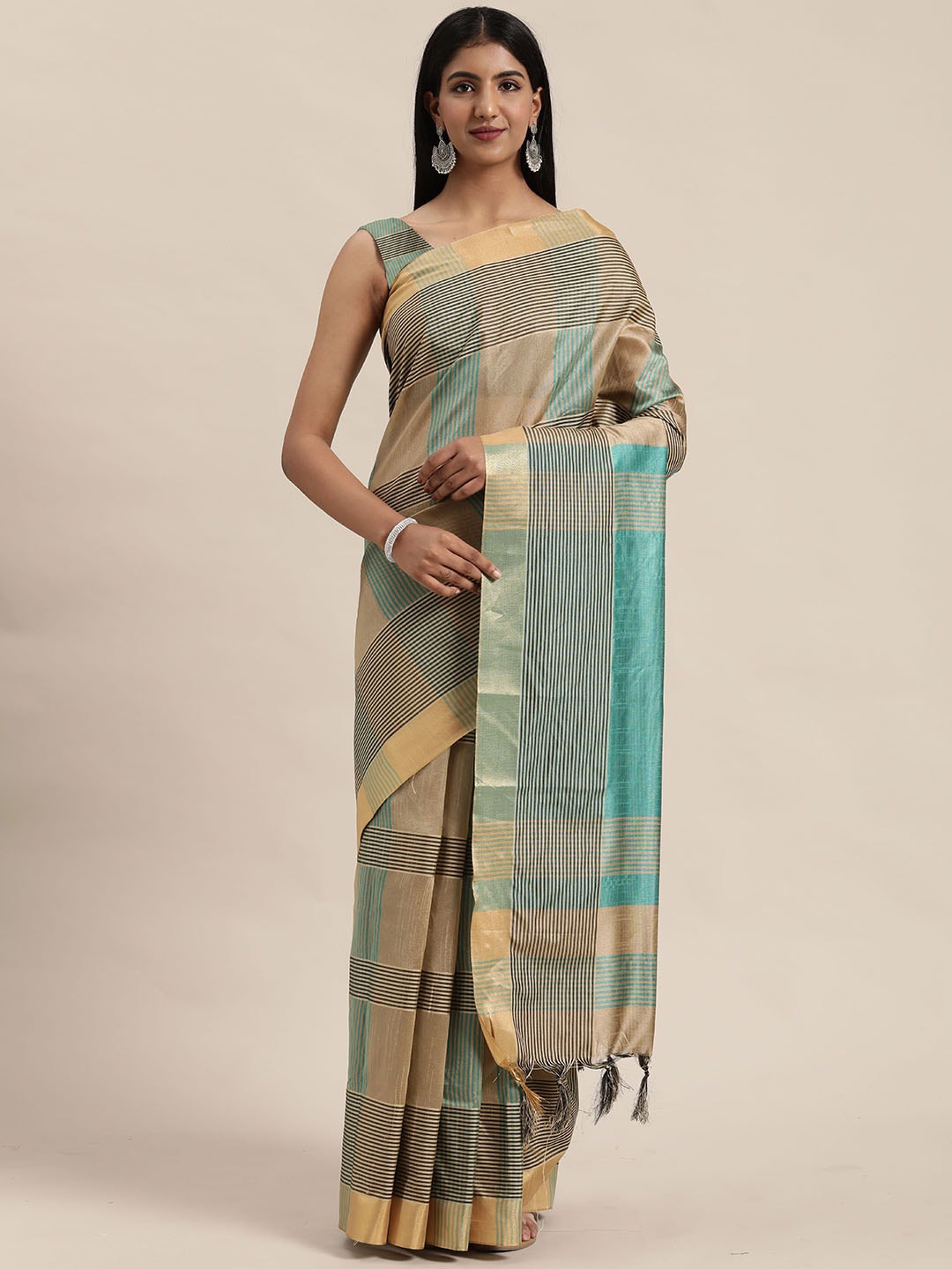 

KALINI Striped Pure Cotton Saree, Turquoise blue