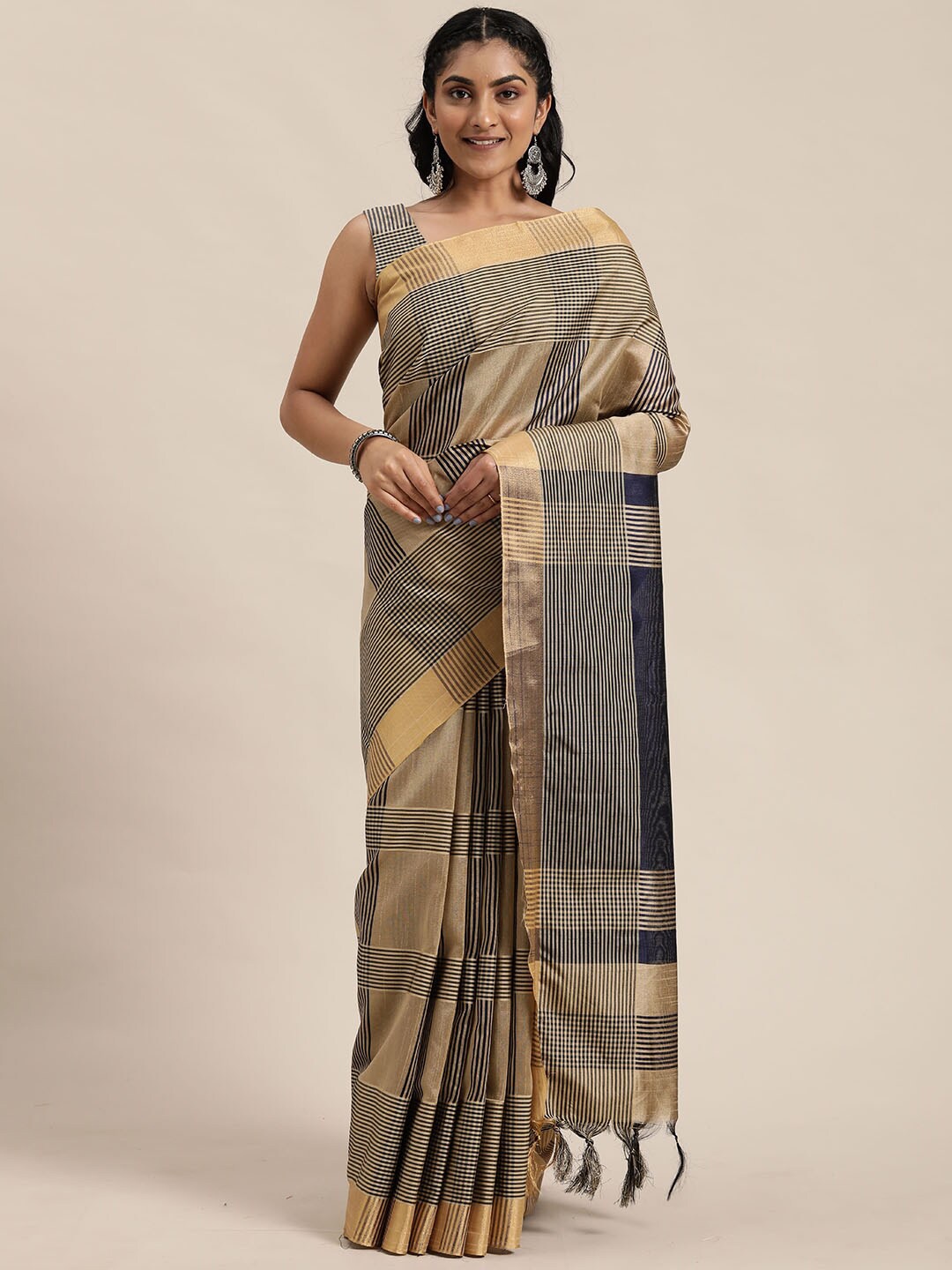

KALINI Striped Pure Cotton Saree, Blue