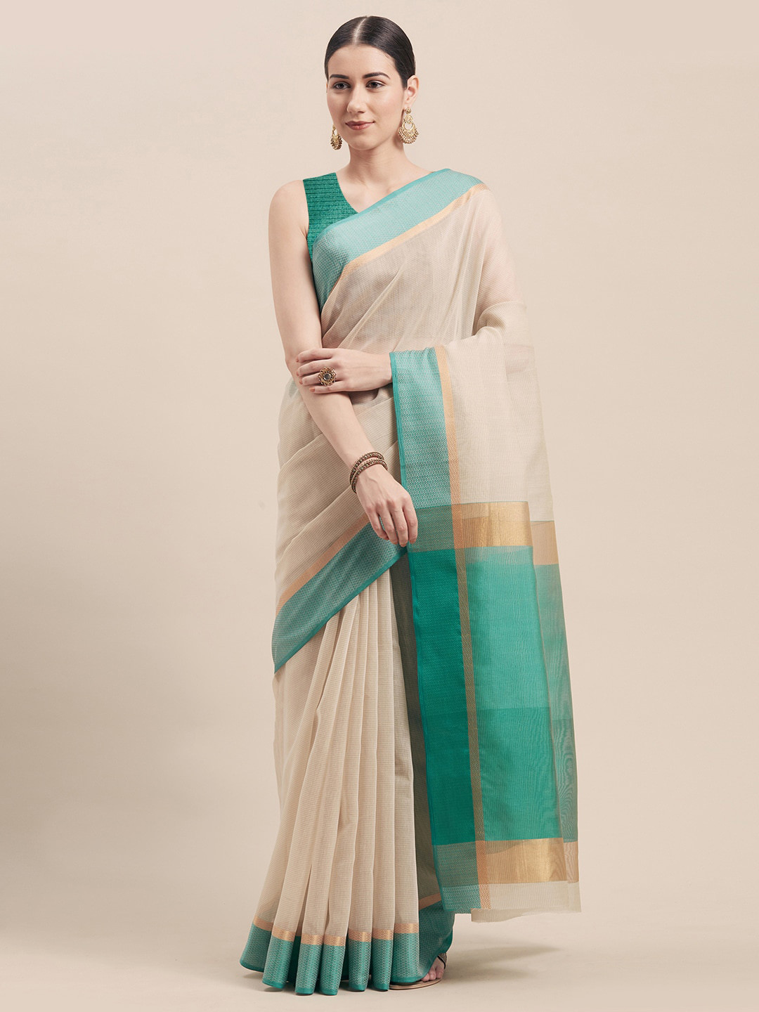 

KALINI Zari Pure Cotton Saree, Beige