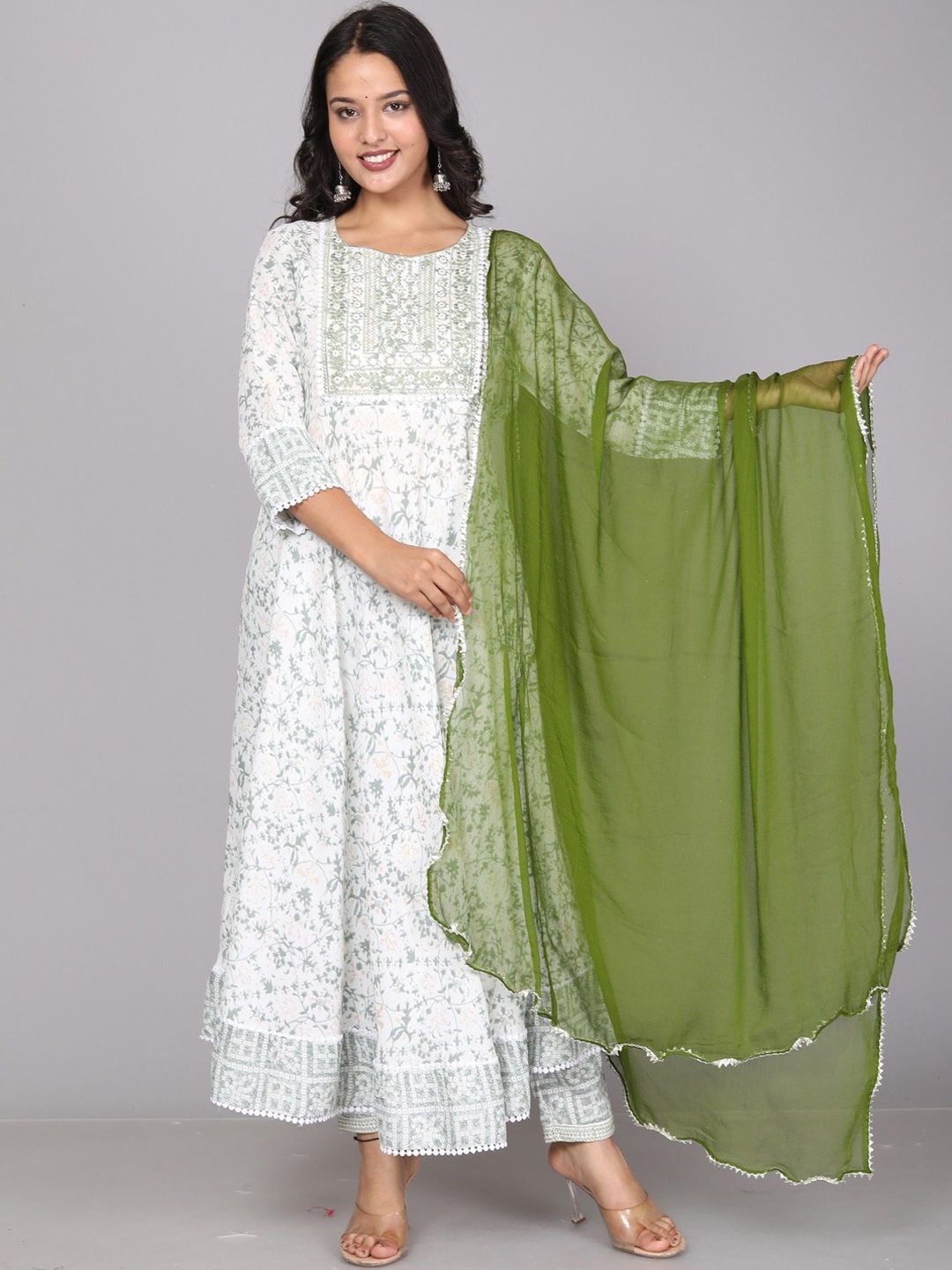 

Miramaar Floral Printed Mirror Work Anarkali Kurta With Trousers & Dupatta, White