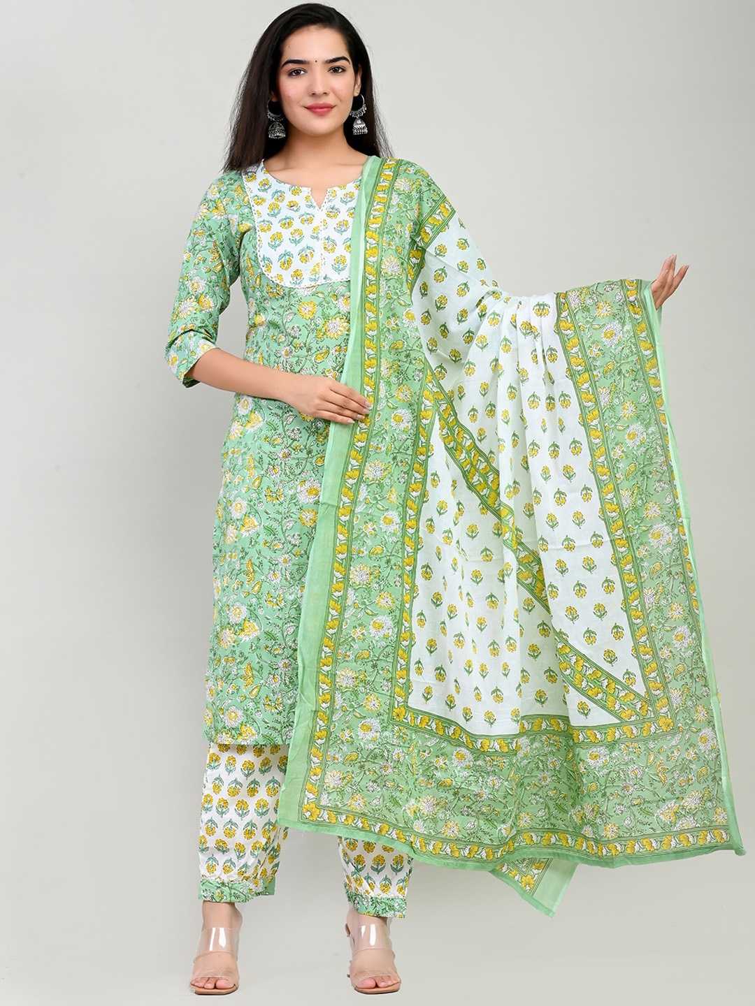 

Miramaar Floral Printed Pure Cotton Kurta With Trousers & Dupatta, Green