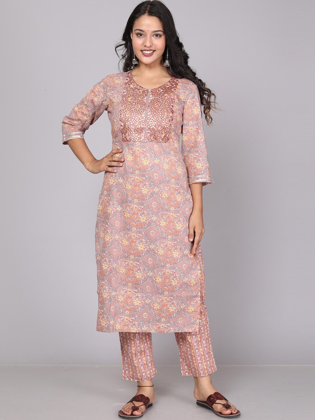 

Miramaar Floral Printed Mirror Work Pure Cotton Kurta with Trousers, Peach