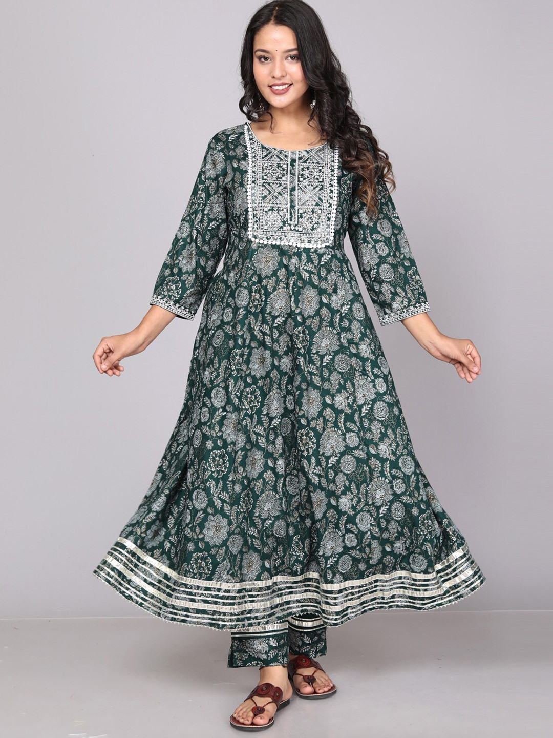 

Miramaar Floral Printed Regular Gotta Patti Pure Cotton Kurta With Trousers & Dupatta, Green