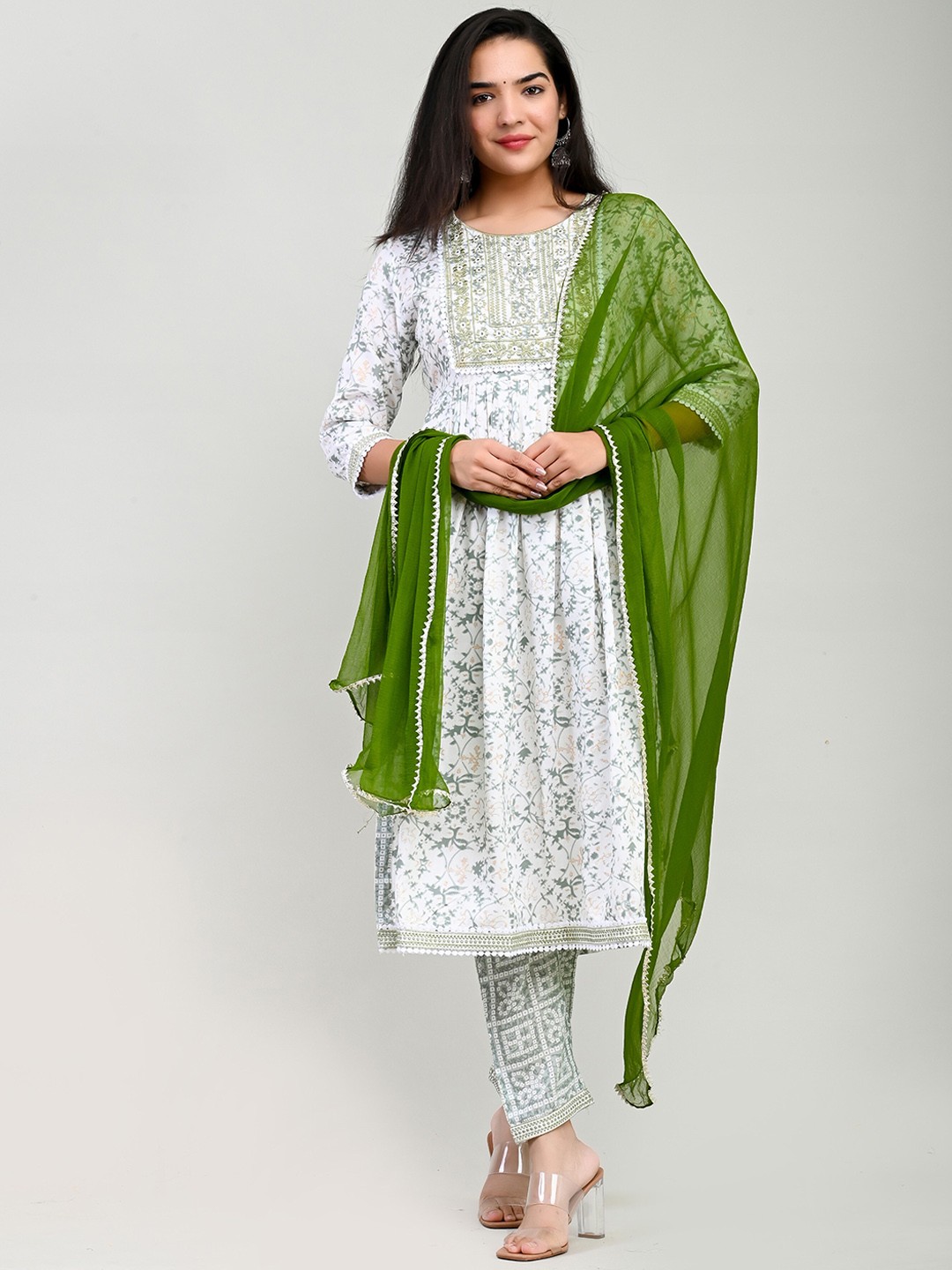 

Miramaar Floral Printed Mirror Work Kurta With Trousers & Dupatta, Green