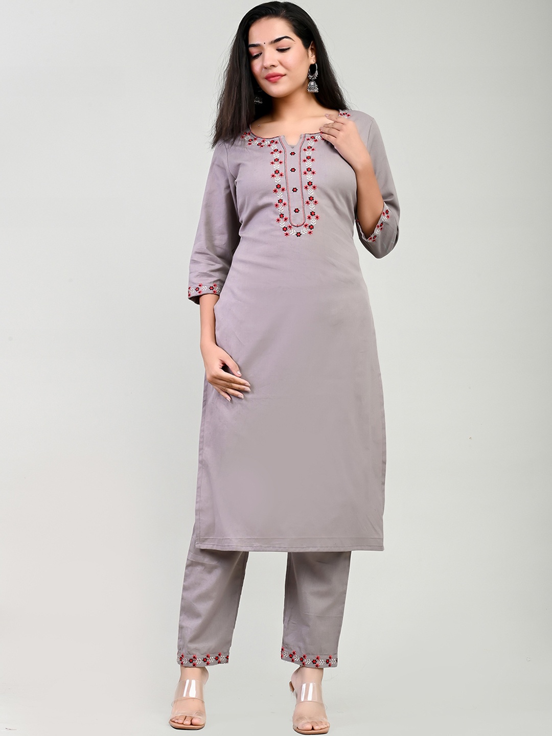 

Miramaar Yoke Design Regular Thread Work Pure Cotton Kurta with Trousers, Grey