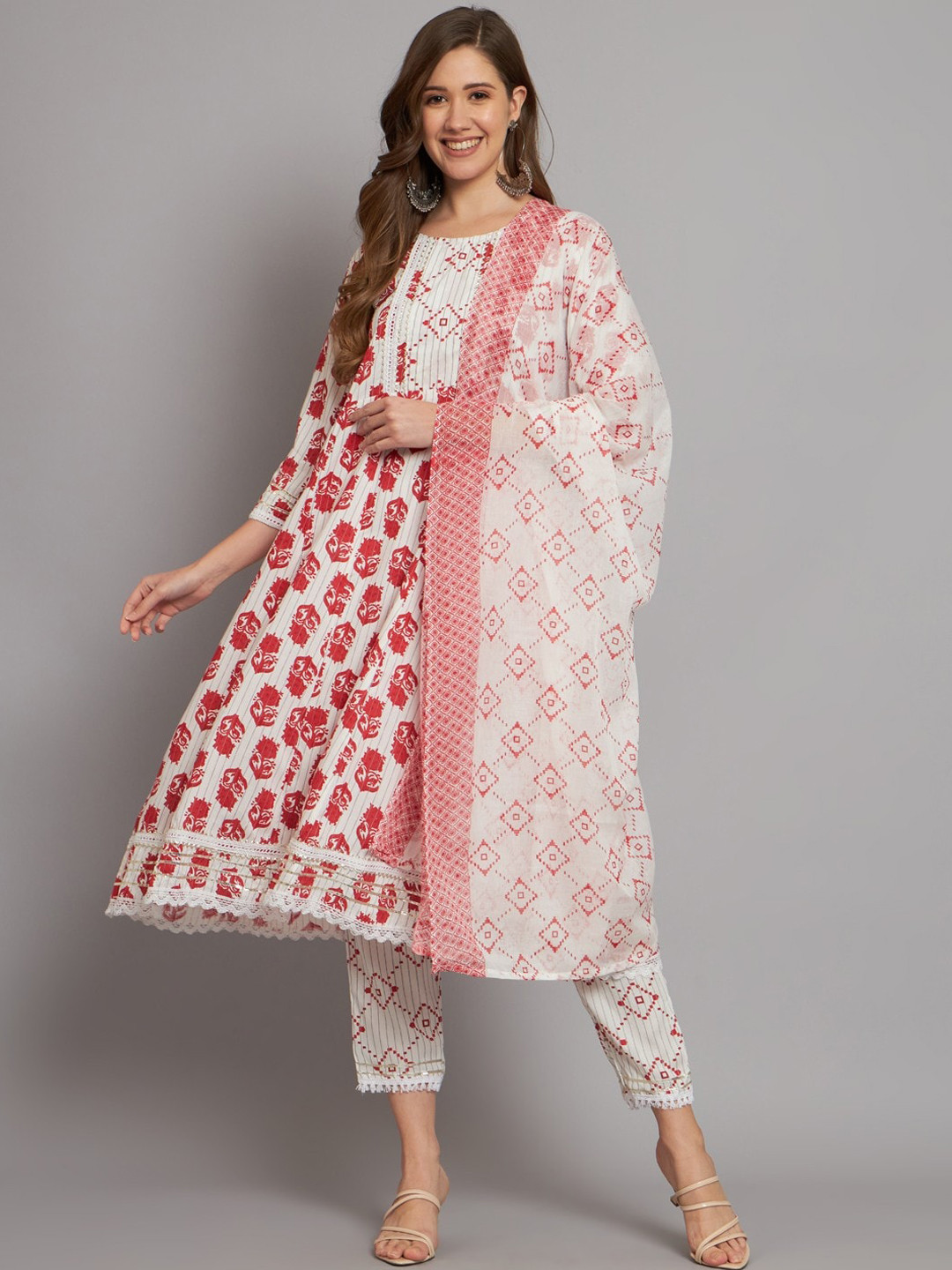 

Miramaar Ethnic Motifs Yoke Design Gotta Patti A-Line Kurta With Trousers & Dupatta, Red