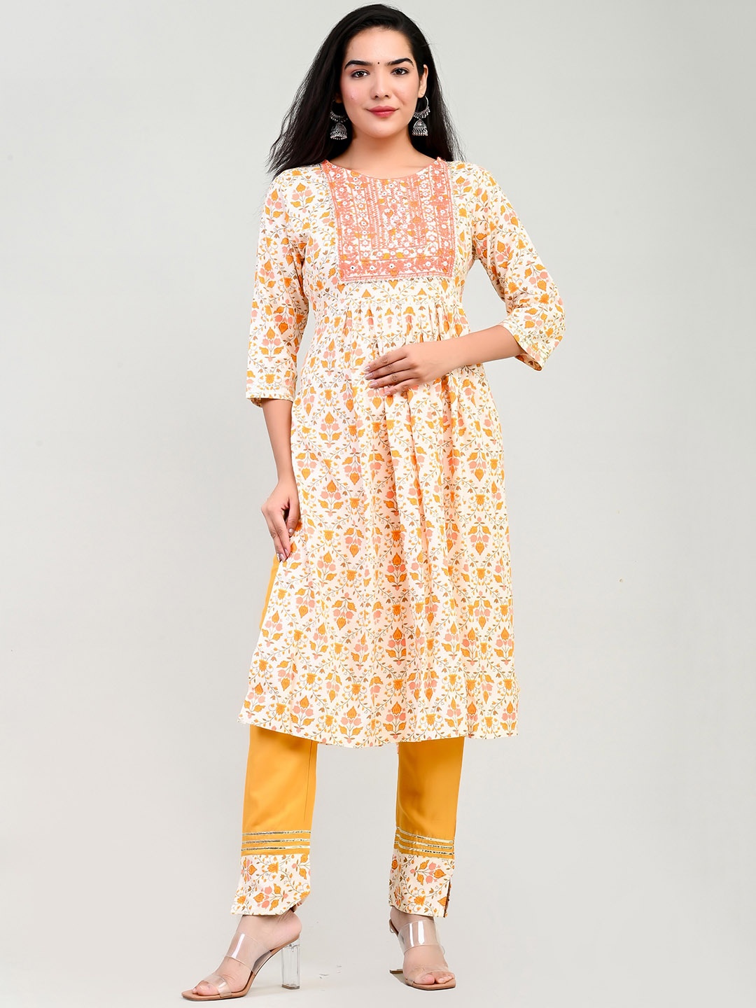 

Miramaar Floral Printed Regular Mirror Work Straight Kurta with Trousers, Off white
