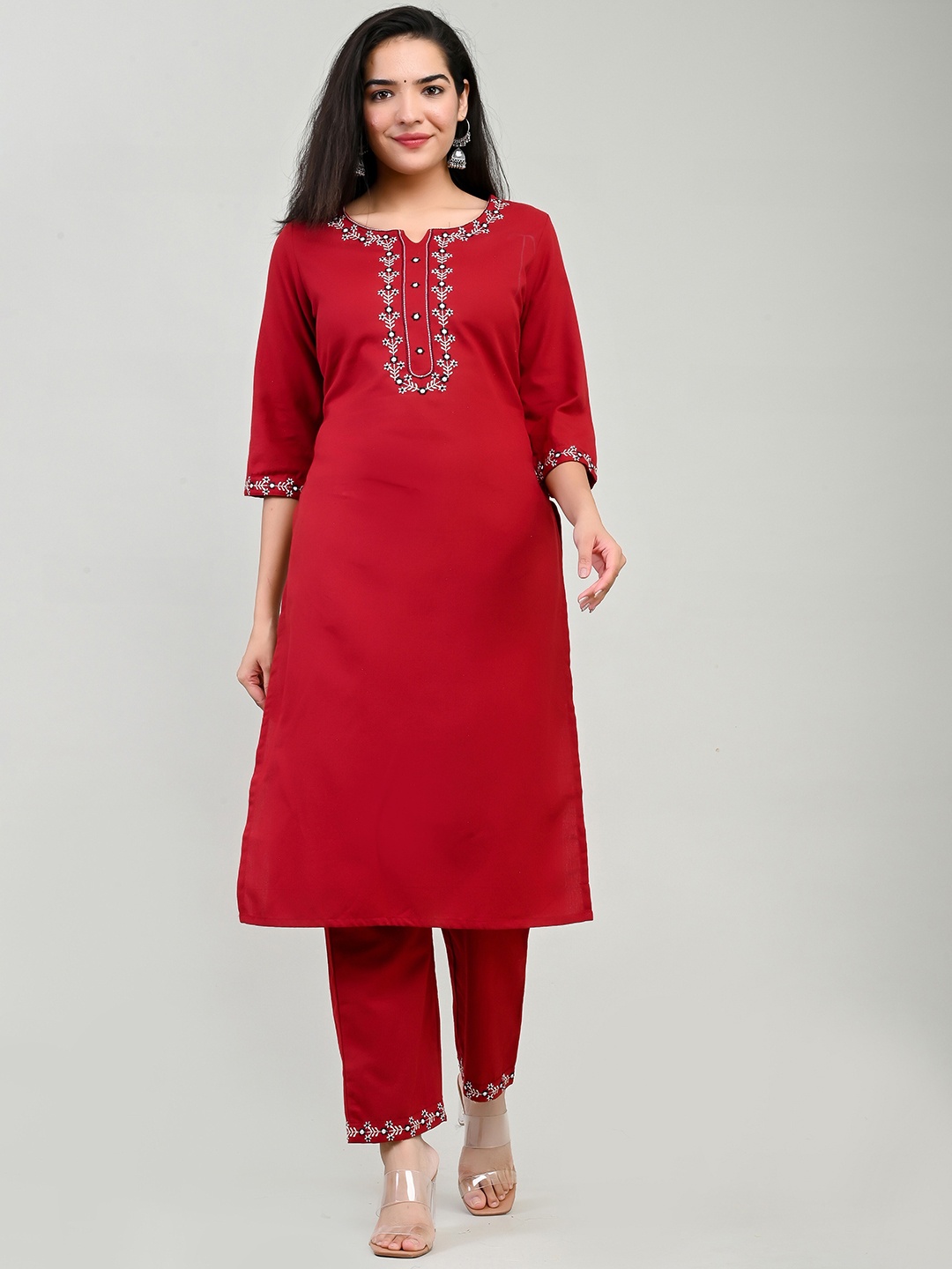 

Miramaar Floral Yoke Design Pure Cotton Thread Work Kurta With Trousers, Maroon