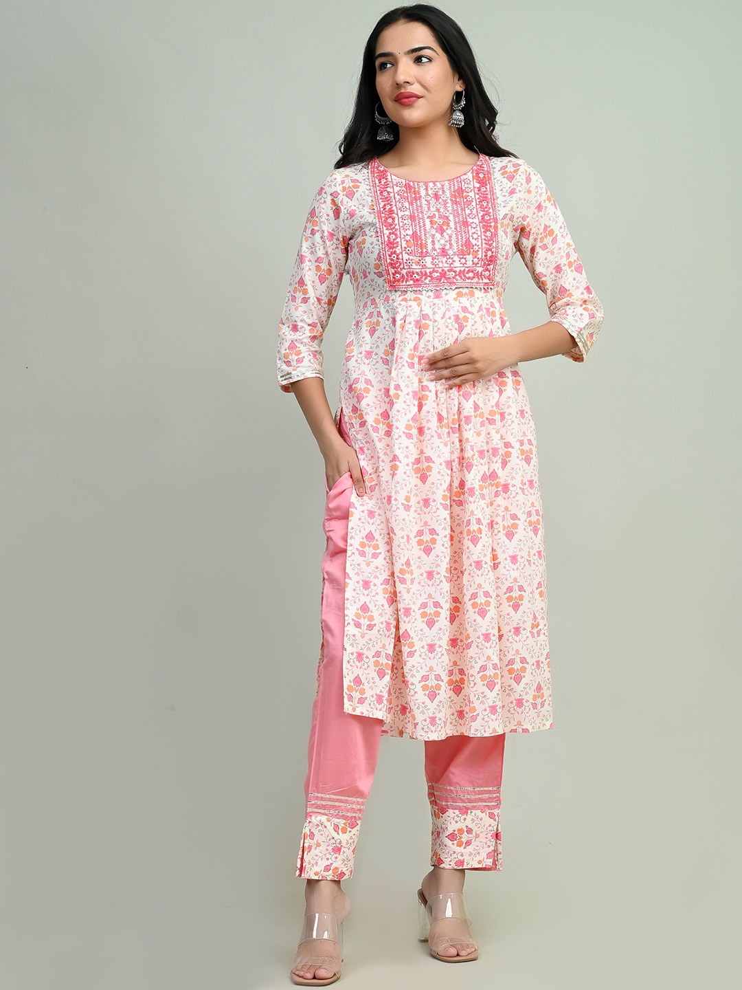 

Miramaar Floral Printed Pleated Mirror Work Kurta With Trousers, Pink