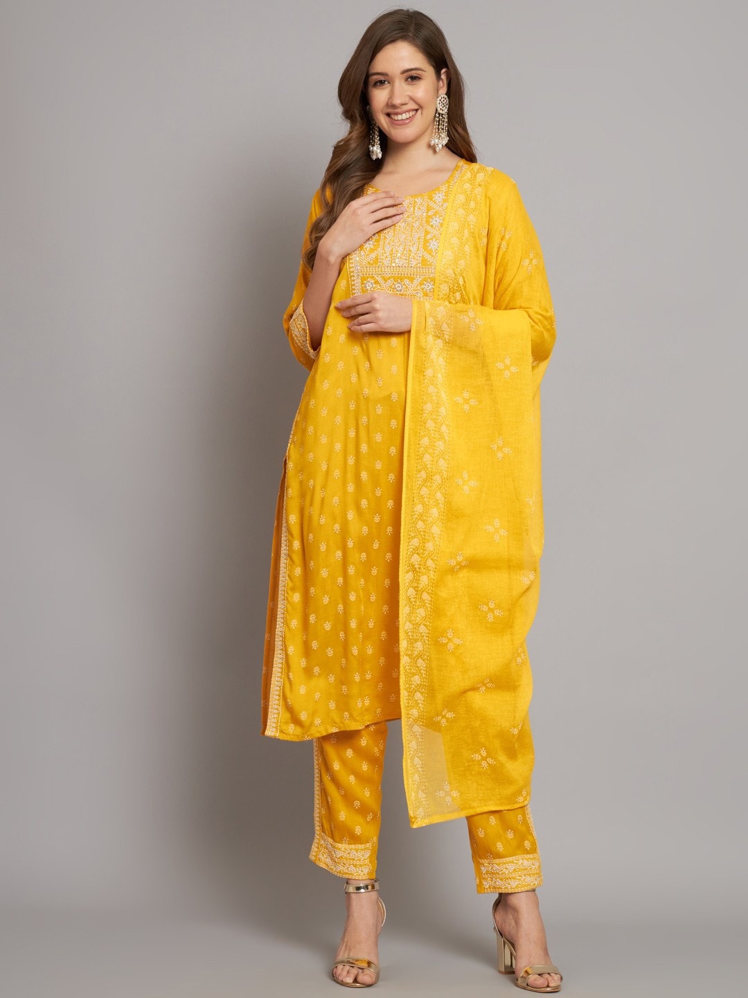 

Miramaar Floral Printed Regular Thread Work Kurta with Trousers & Dupatta, Mustard