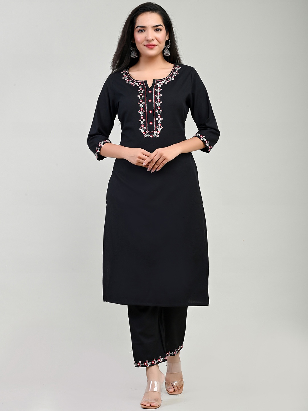 

Miramaar Black Floral Embroidered Regular Pure Cotton Kurta with Trousers