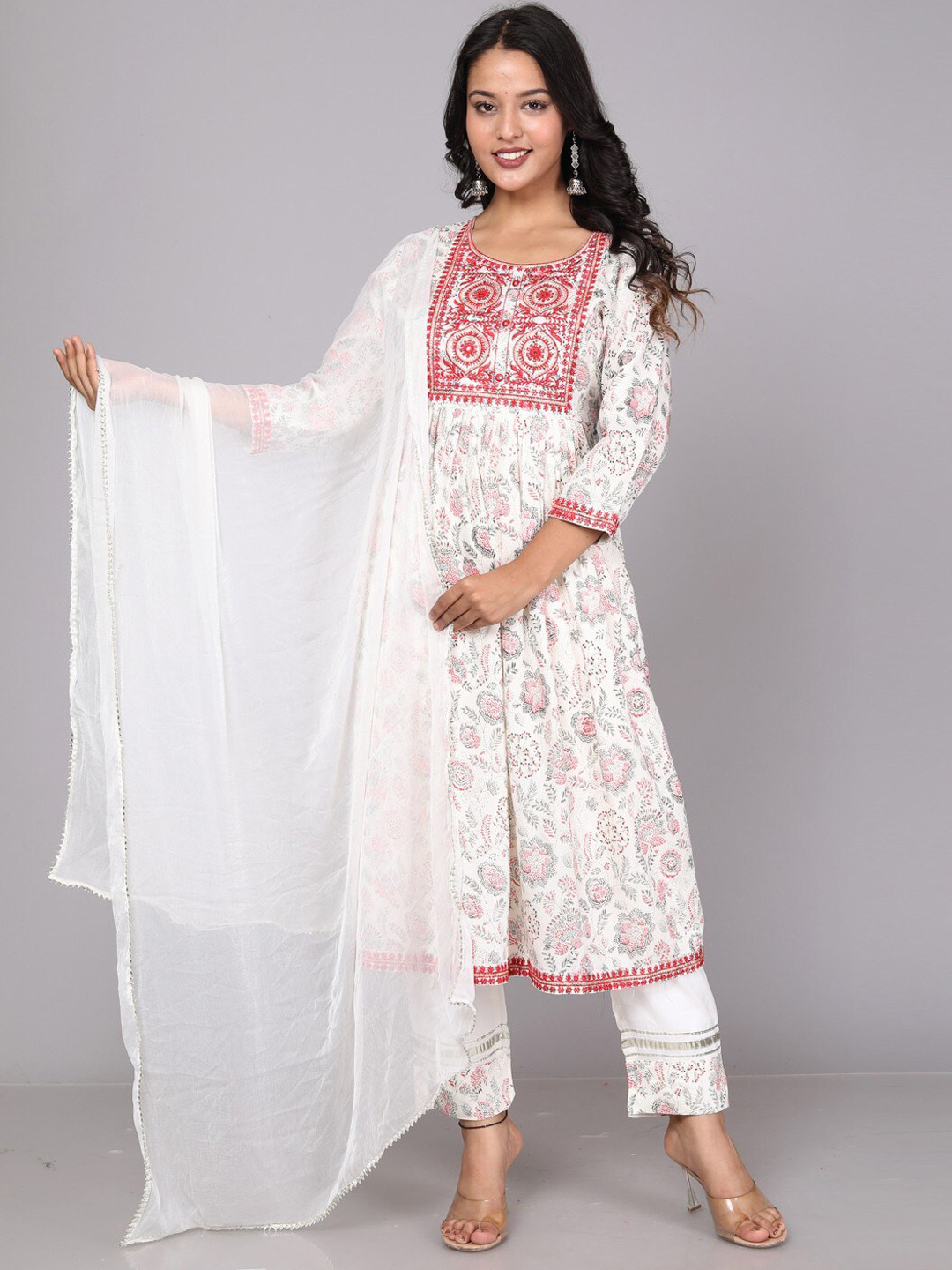 

Miramaar Floral Printed Regular Thread Work Kurta with Trousers & With Dupatta, White