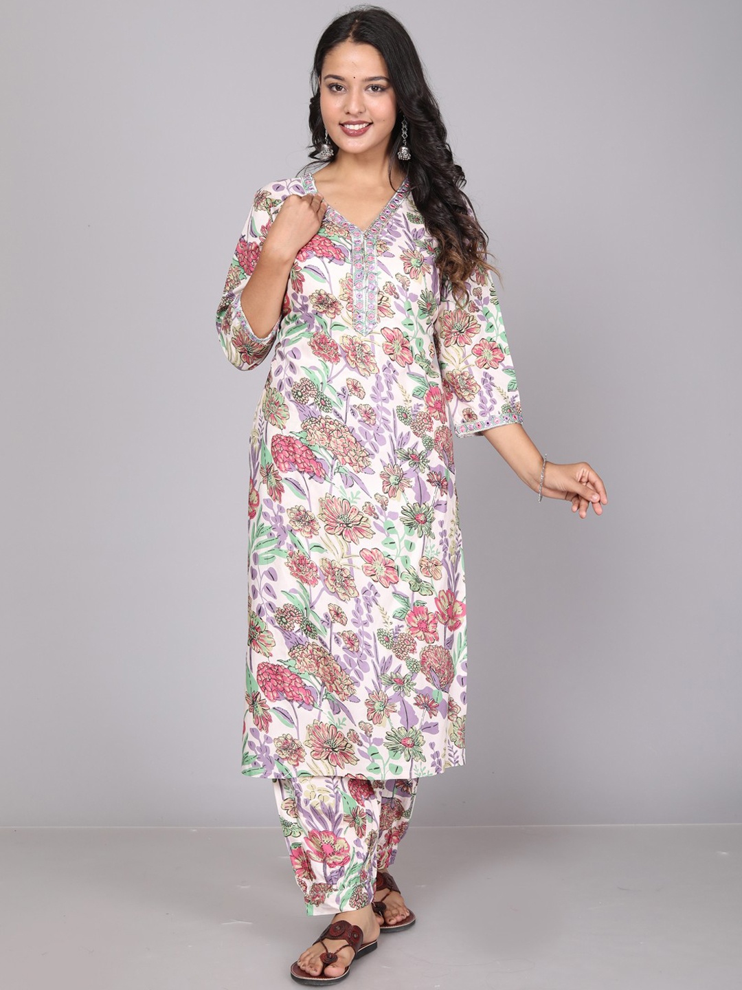 

Miramaar Floral Printed Mirror Work Kurta With Salwar, Cream