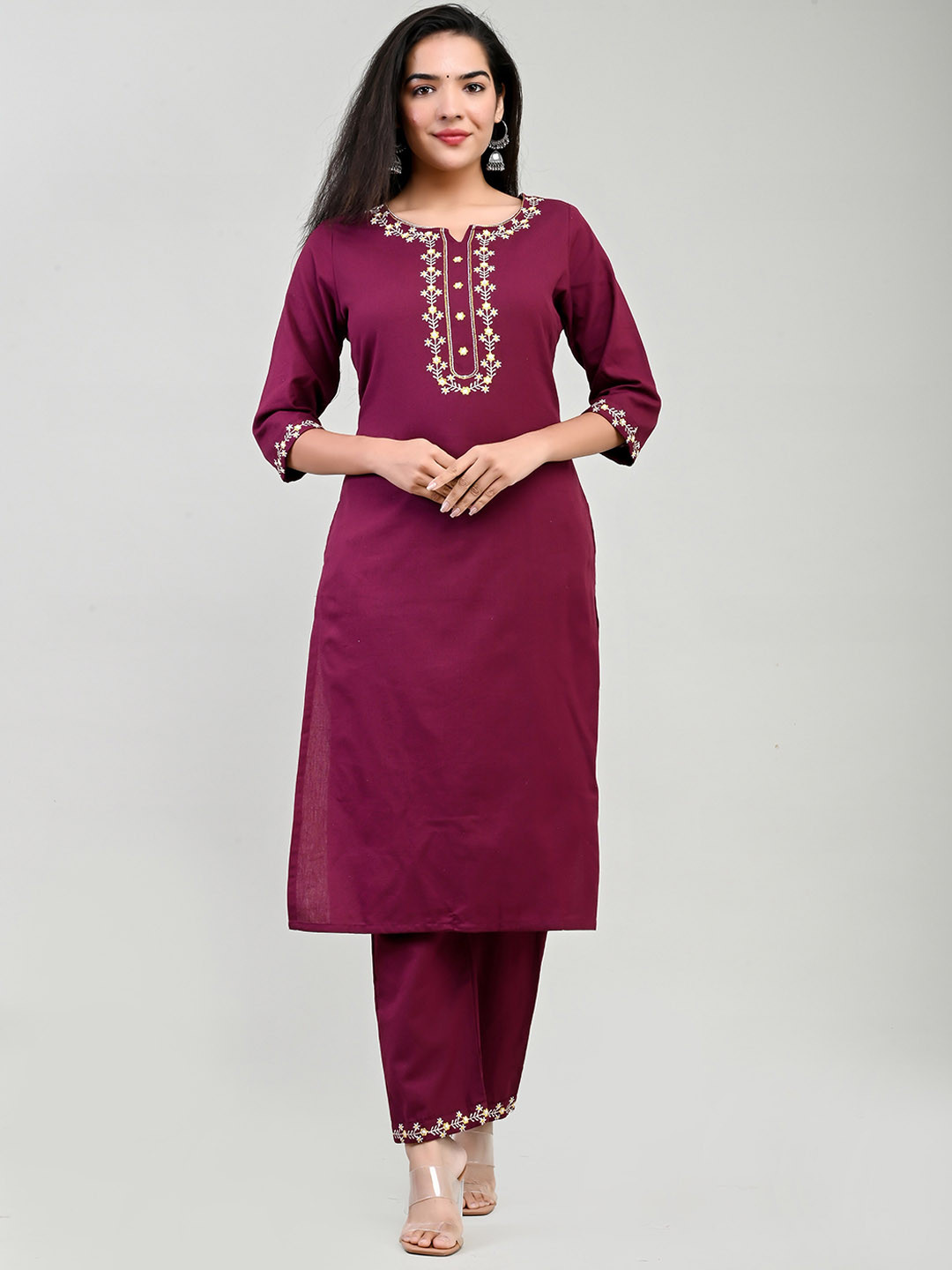 

Miramaar Floral Yoke Design Thread Work Pure Cotton Kurta With Trousers, Maroon