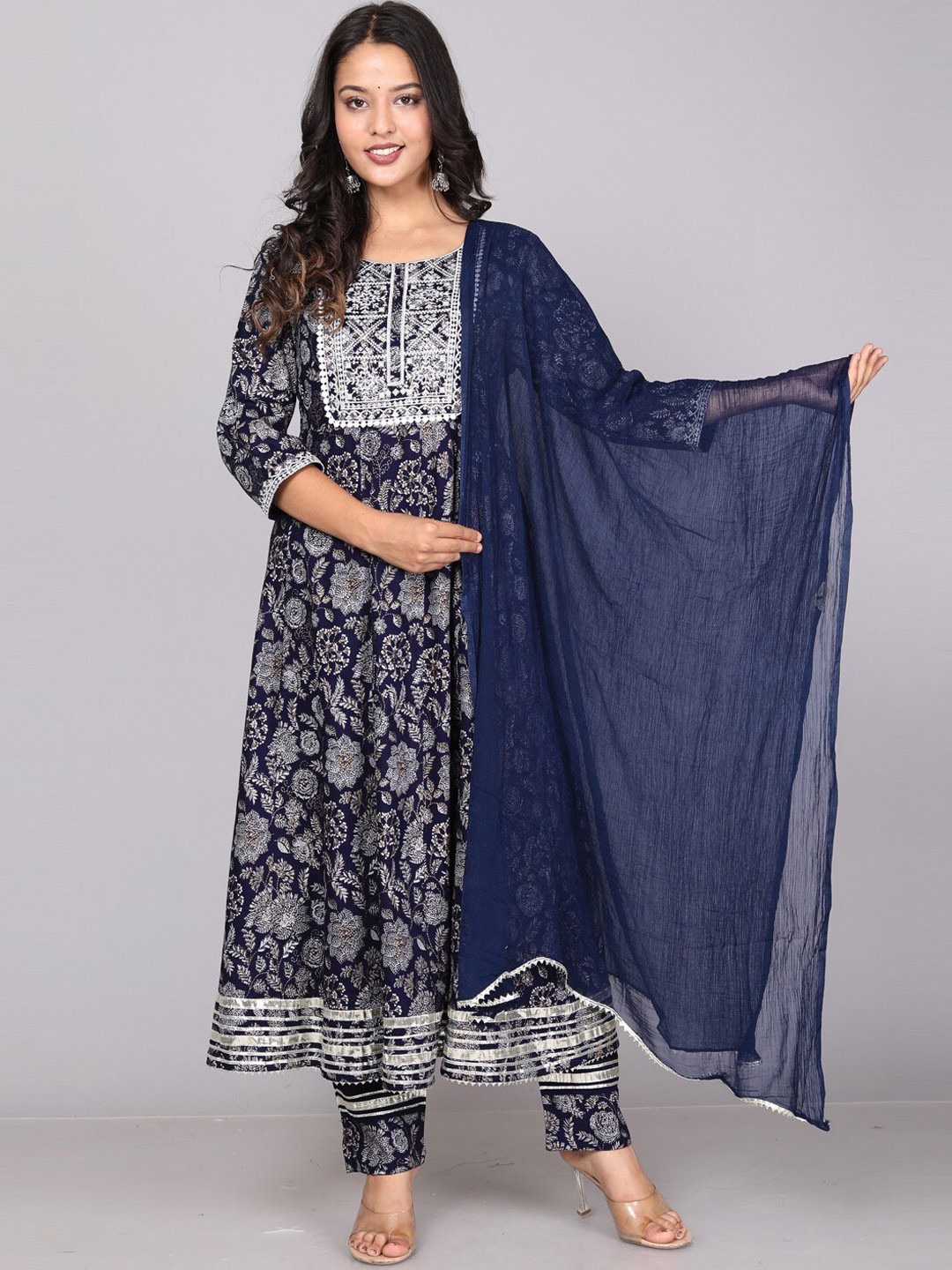 

Miramaar Floral Printed Thread Work Kurta with Trousers & With Dupatta, Navy blue