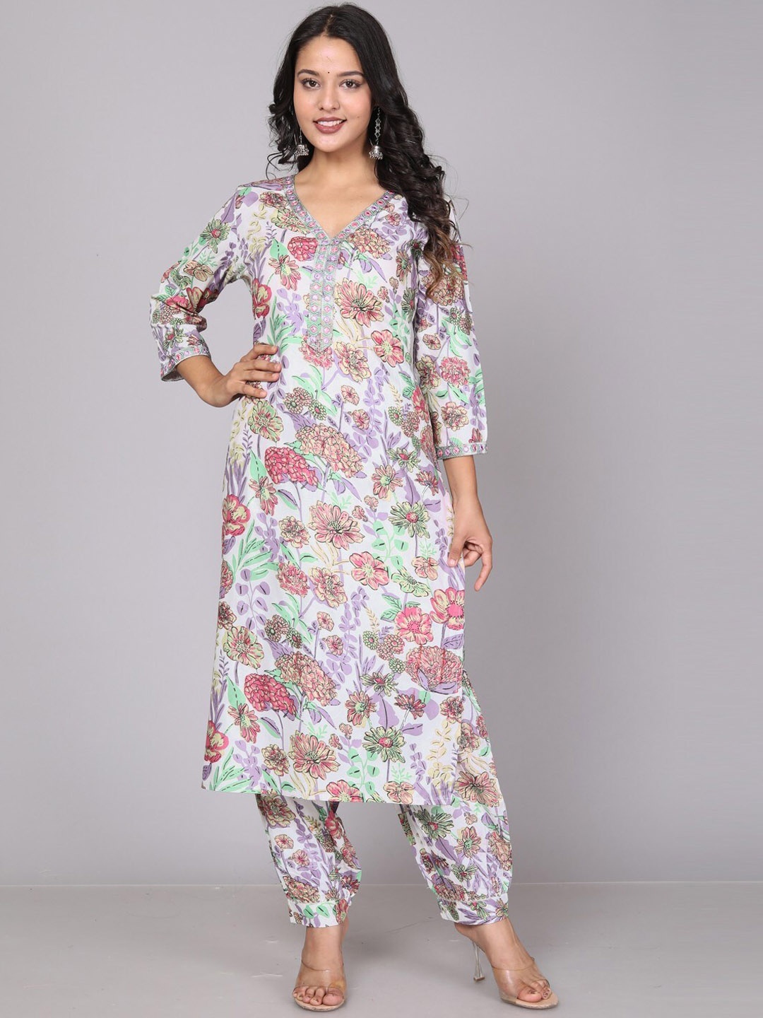 

Miramaar Floral Printed Mirror Work Straight Kurta With Salwar, White